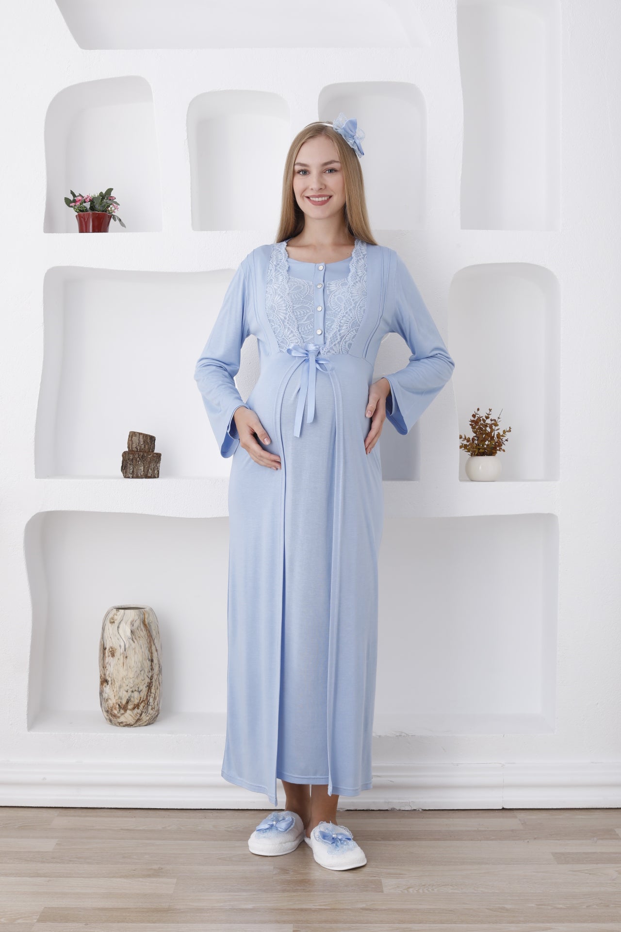 Hamile Sabahlıklı Gecelik Takımı / Düğmeli ve Güpürlü - 2286