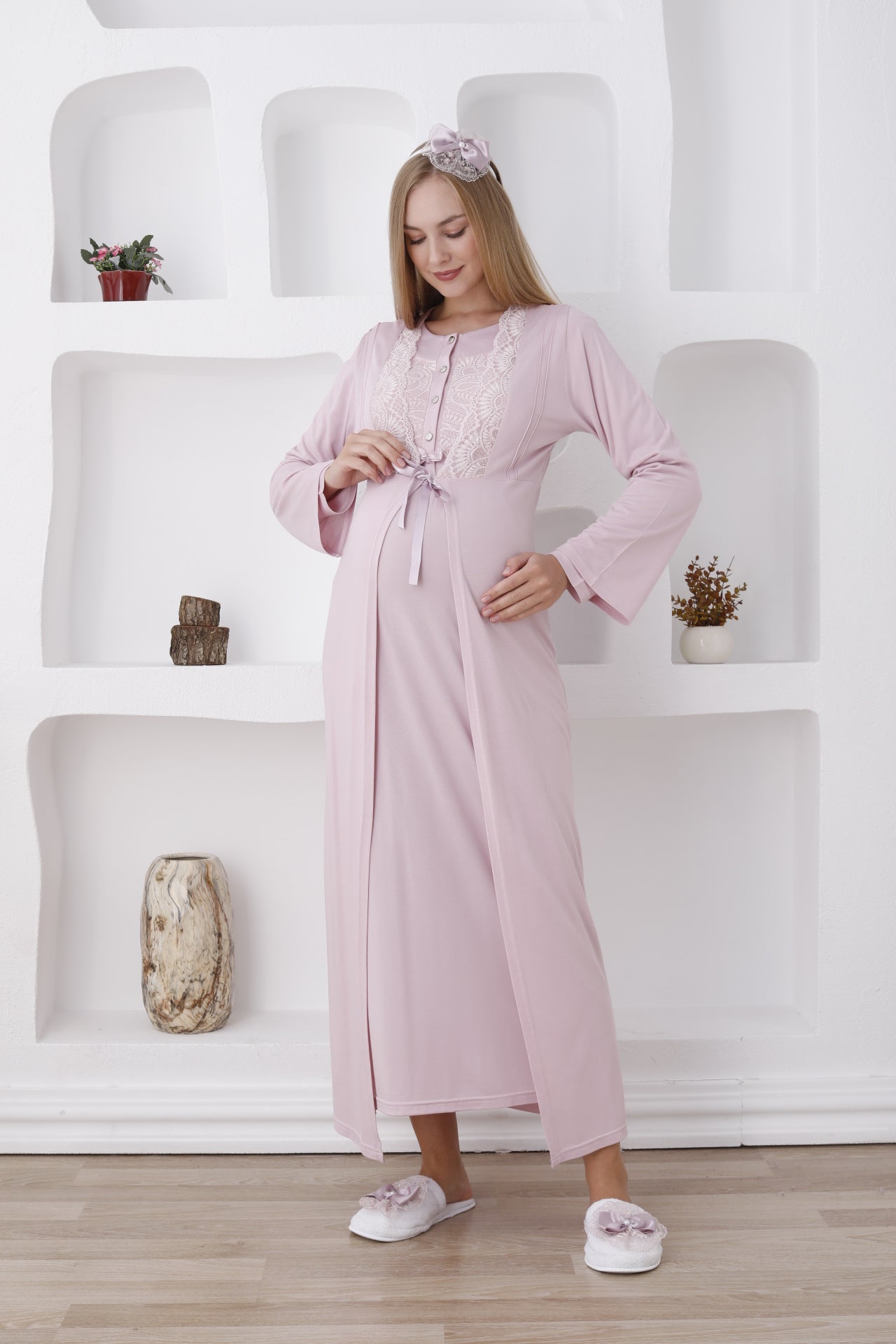 Hamile Sabahlıklı Gecelik Takımı / Düğmeli ve Güpürlü - 2286