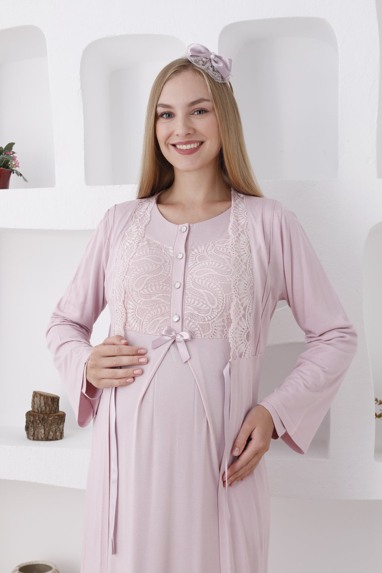 Hamile Sabahlıklı Gecelik Takımı / Düğmeli ve Güpürlü - 2286