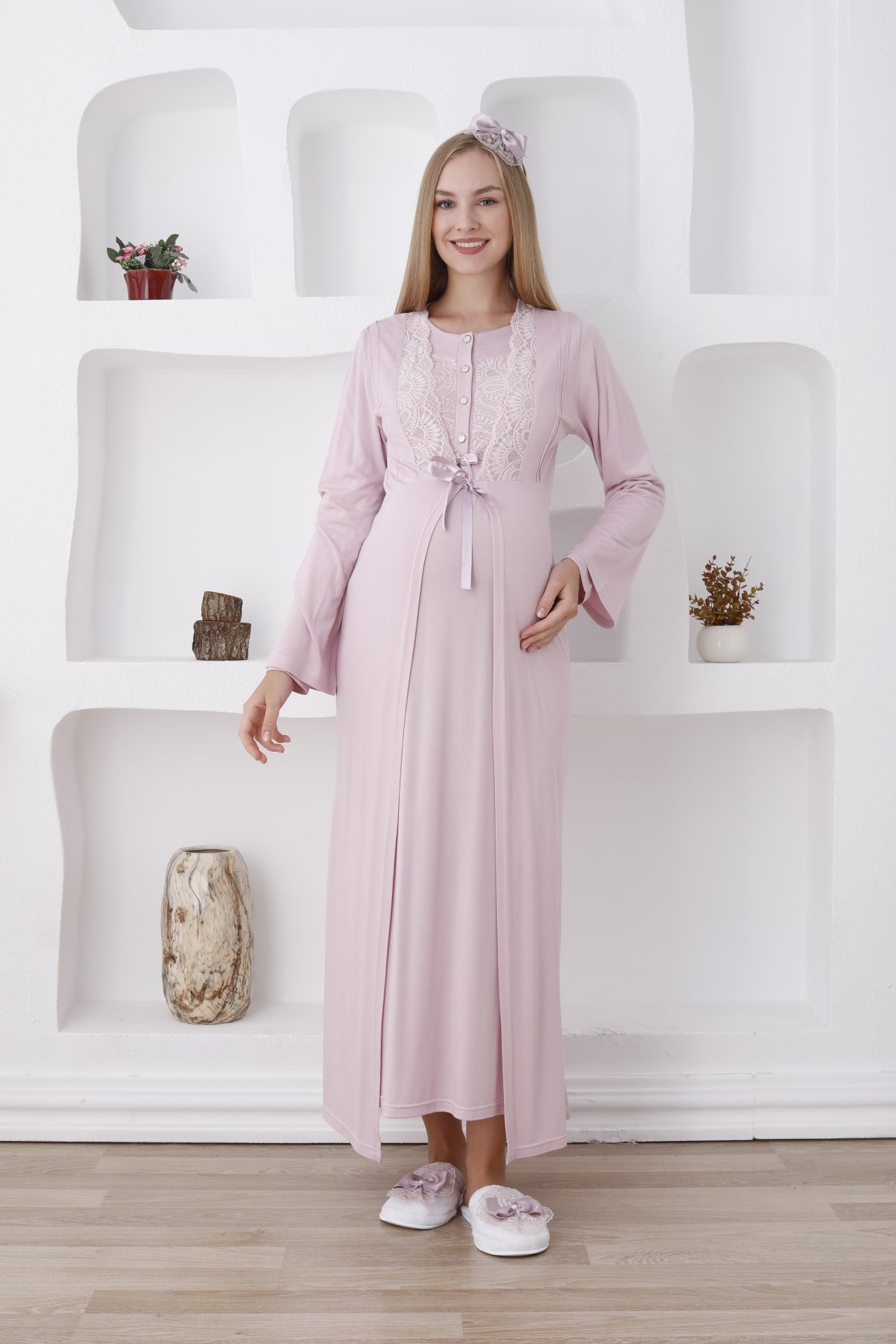 Hamile Sabahlıklı Gecelik Takımı / Düğmeli ve Güpürlü - 2286