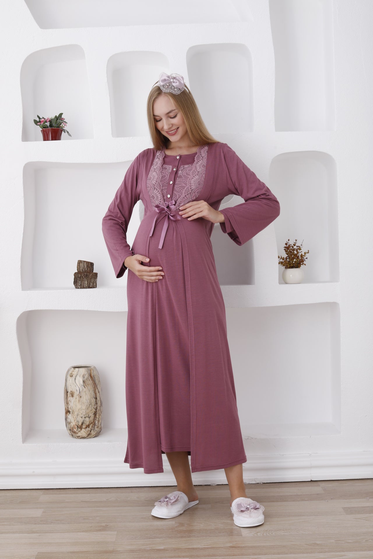 Hamile Sabahlıklı Gecelik Takımı / Düğmeli ve Güpürlü - 2286