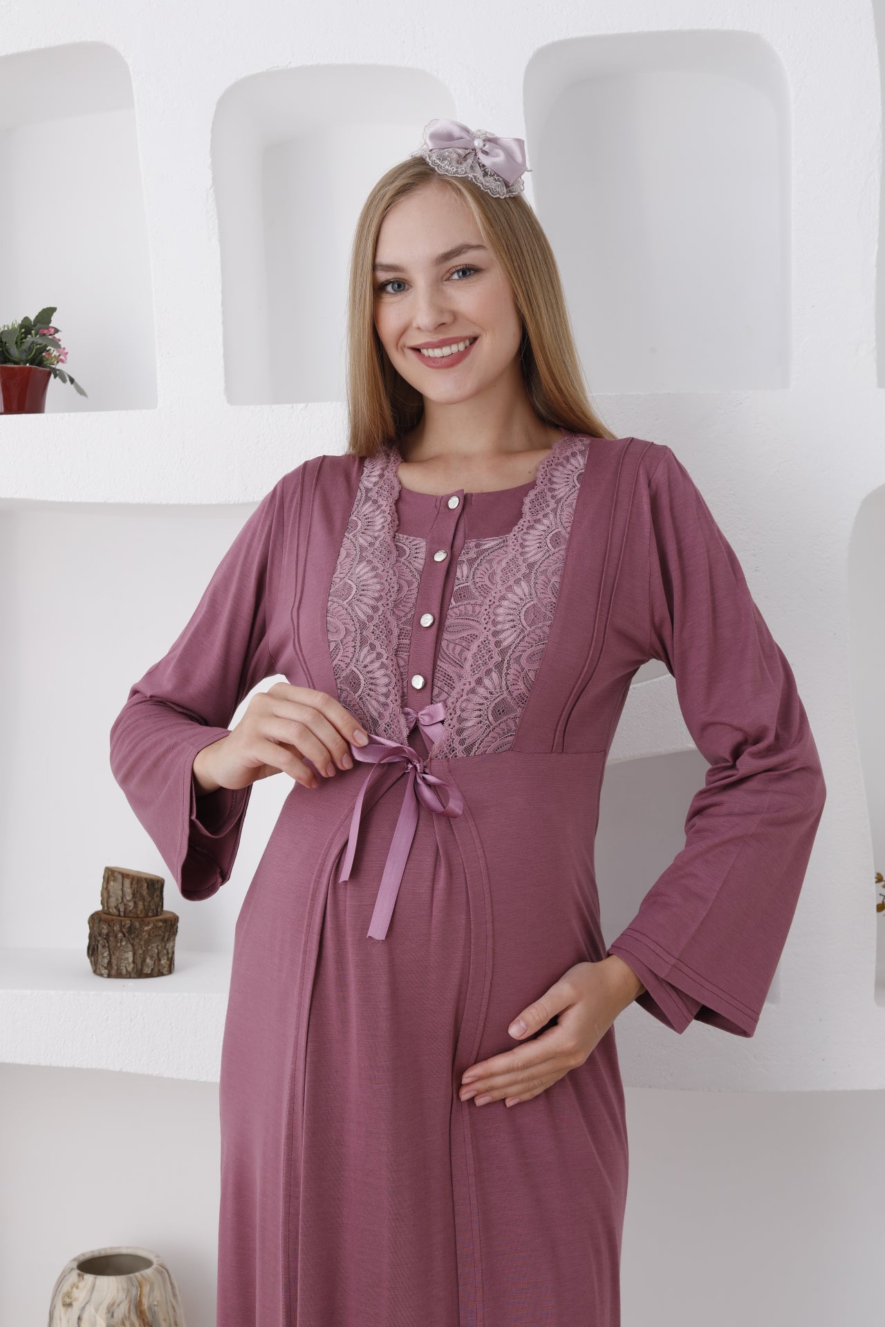 Hamile Sabahlıklı Gecelik Takımı / Düğmeli ve Güpürlü - 2286