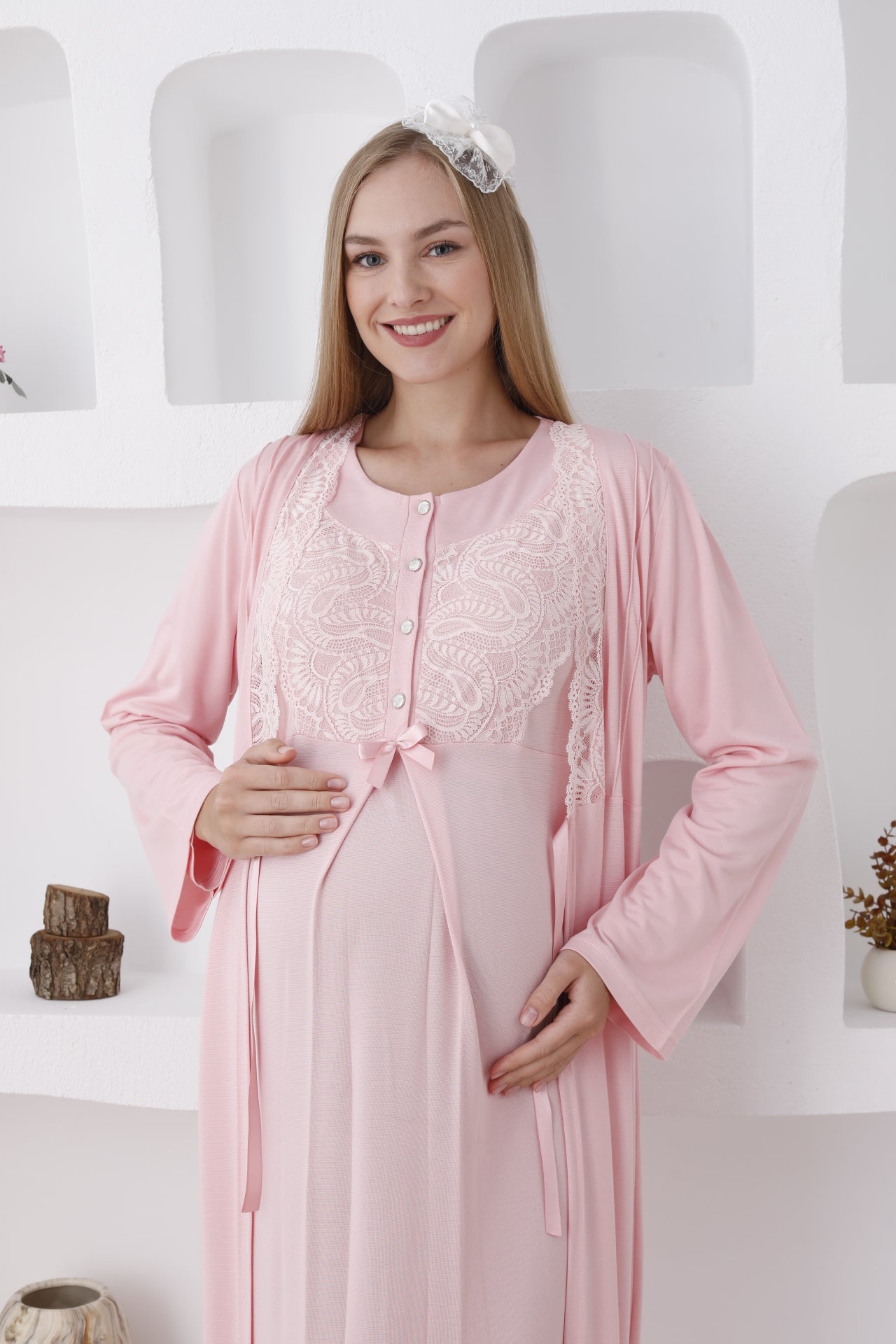 Hamile Sabahlıklı Gecelik Takımı / Düğmeli ve Güpürlü - 2286