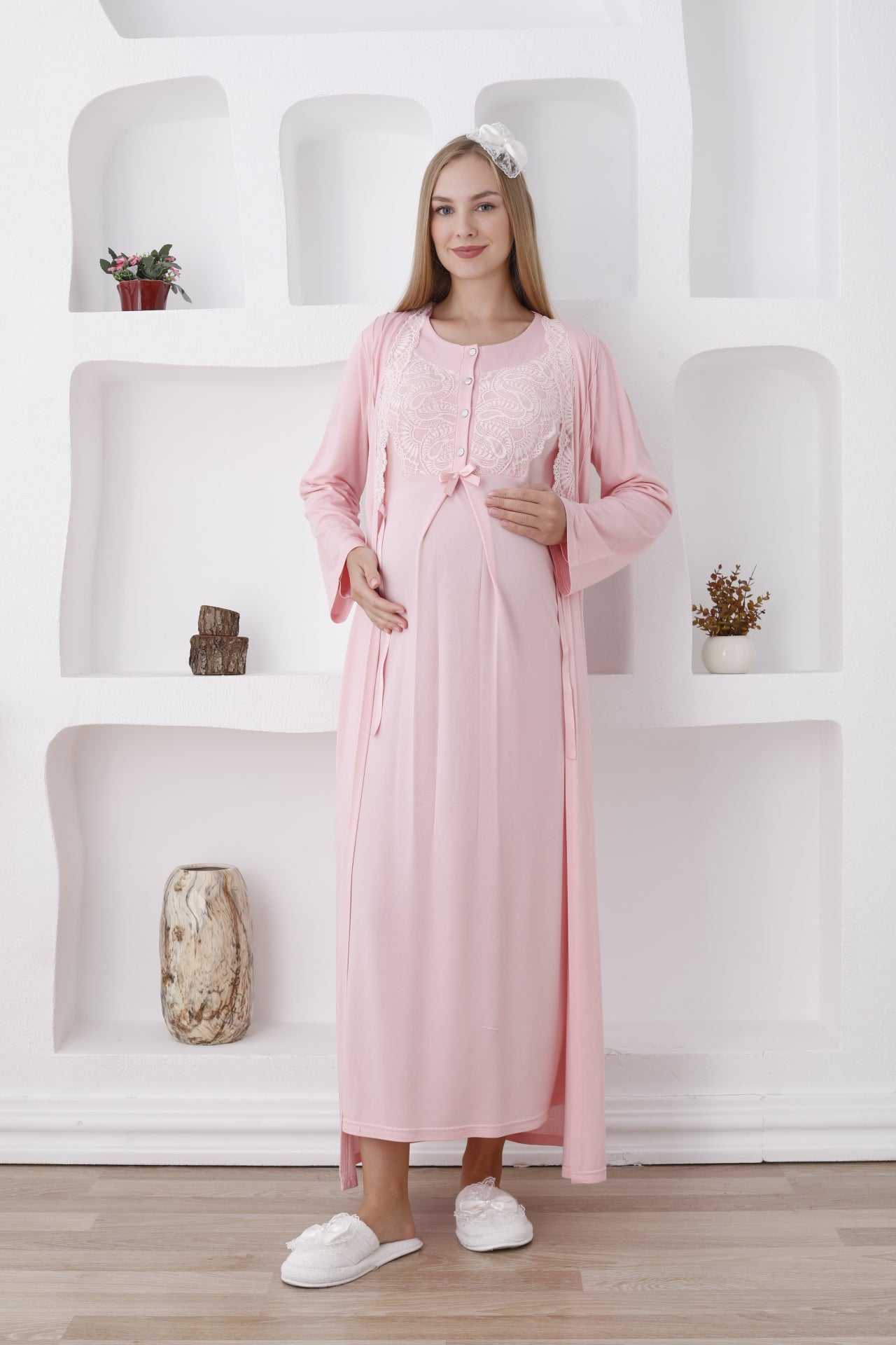 Hamile Sabahlıklı Gecelik Takımı / Düğmeli ve Güpürlü - 2286