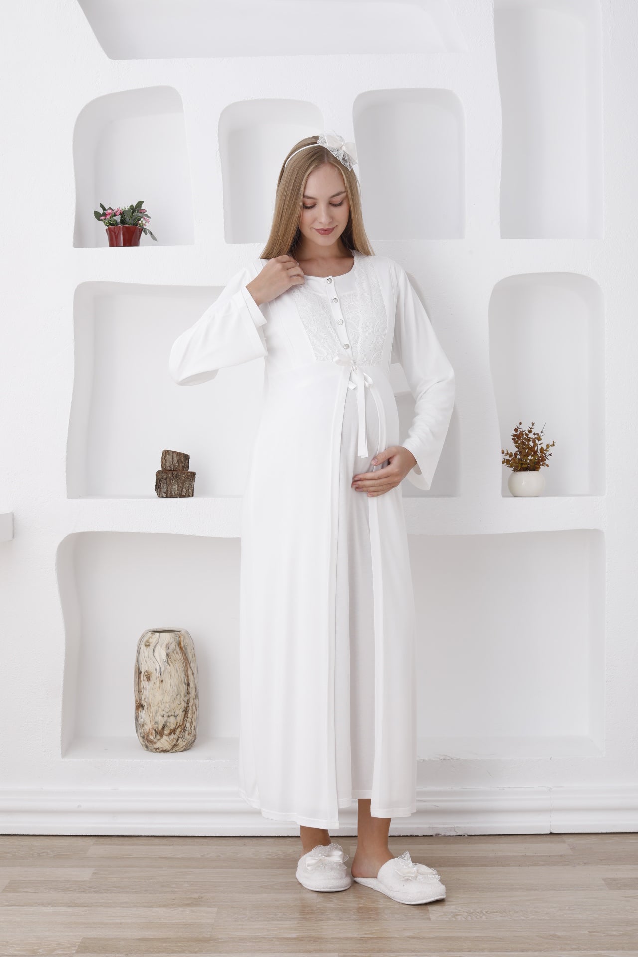 Hamile Sabahlıklı Gecelik Takımı / Düğmeli ve Güpürlü - 2286