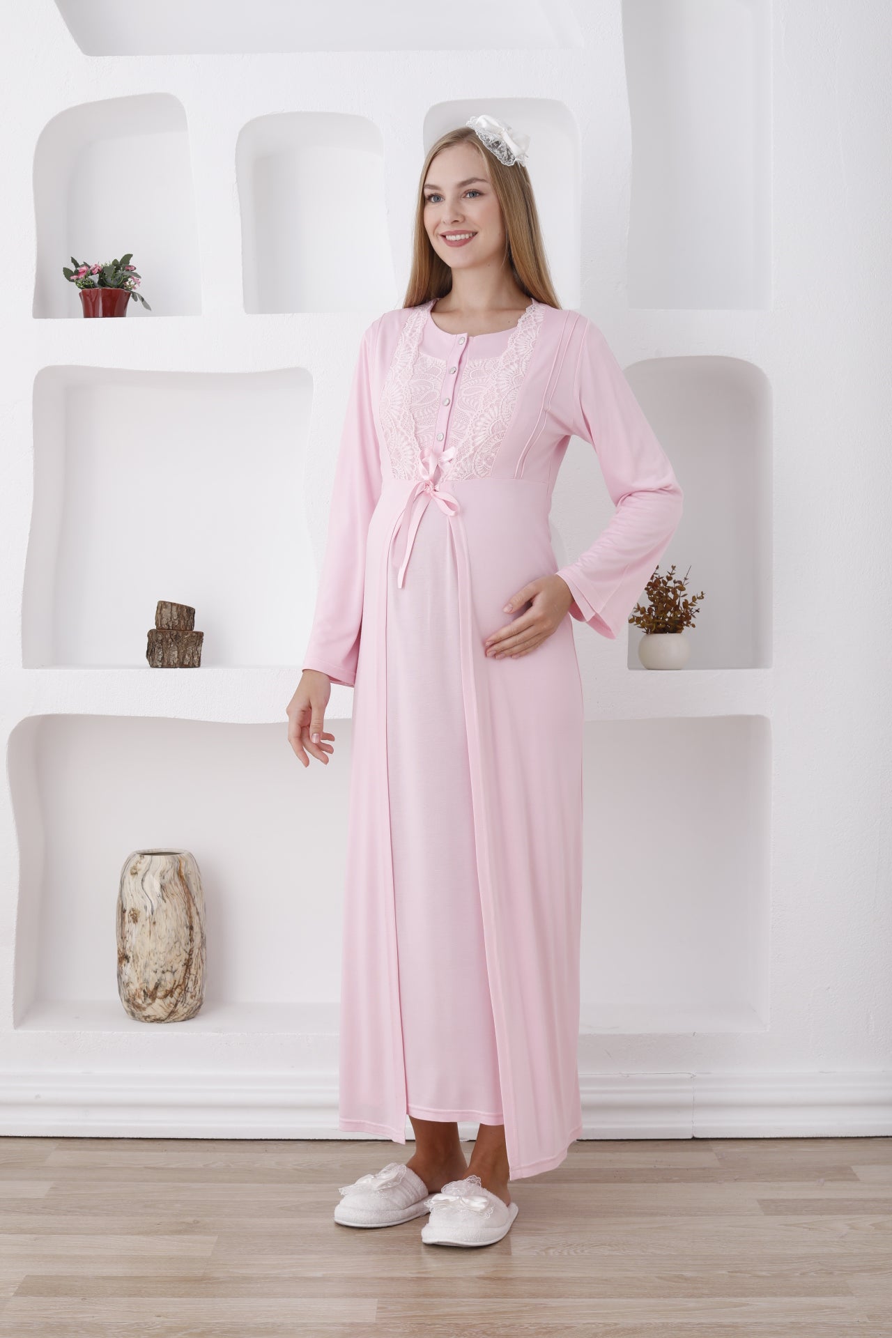 Hamile Sabahlıklı Gecelik Takımı / Düğmeli ve Güpürlü - 2286