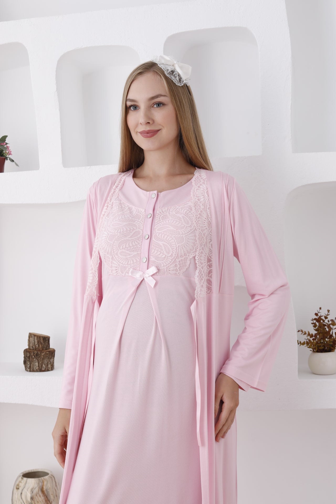 Hamile Sabahlıklı Gecelik Takımı / Düğmeli ve Güpürlü - 2286