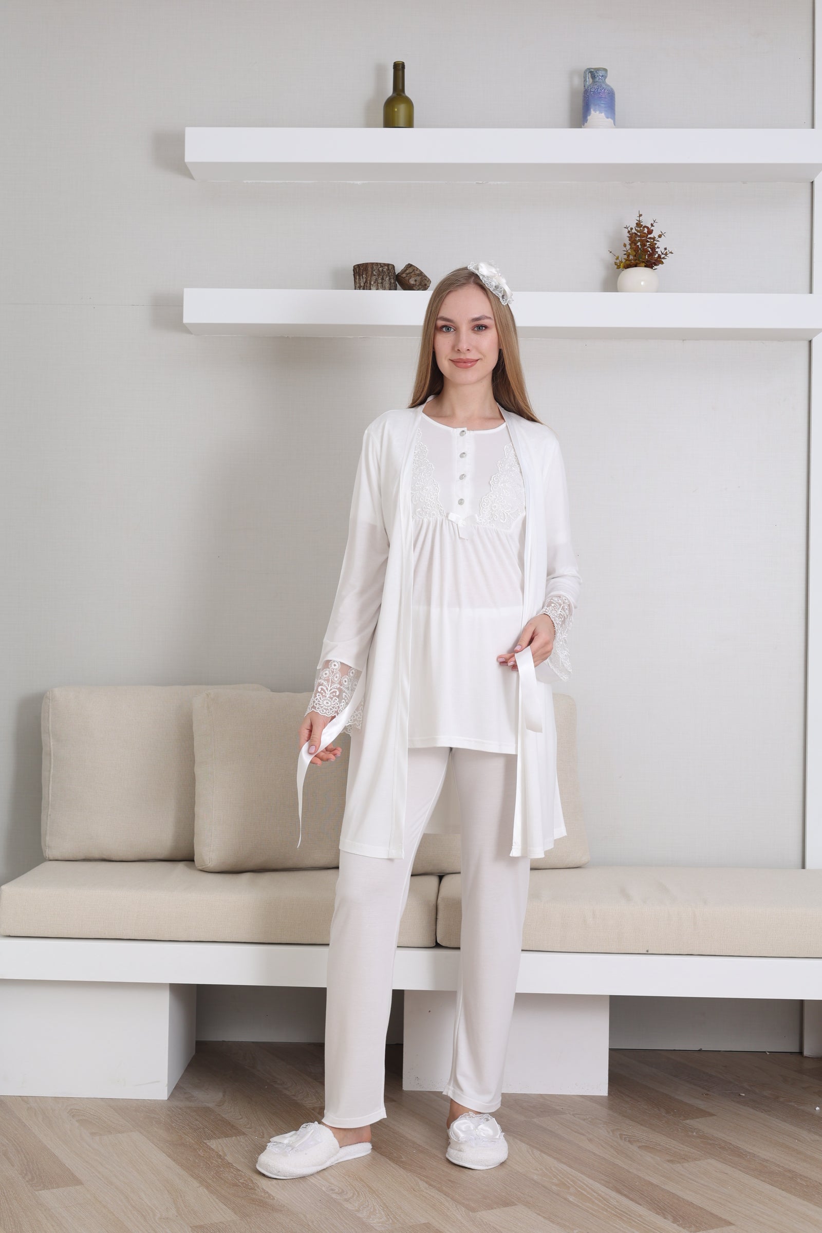 Kısa Kol Bisiklet Yaka Hamile & Lohusa Pijama Takımı / 3 Parça Pijama ve Sabahlıklı Hamile Giyim - 3434