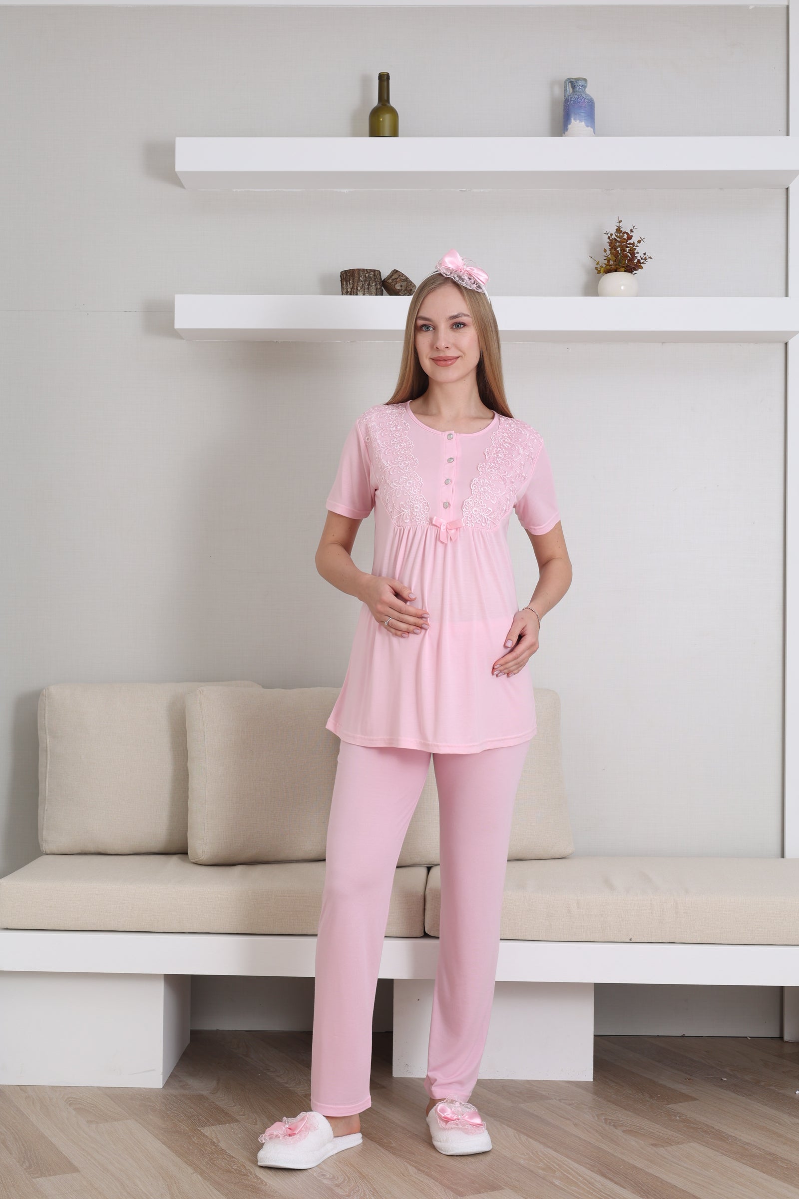 Kısa Kol Bisiklet Yaka Hamile & Lohusa Pijama Takımı / 3 Parça Pijama ve Sabahlıklı Hamile Giyim - 3434