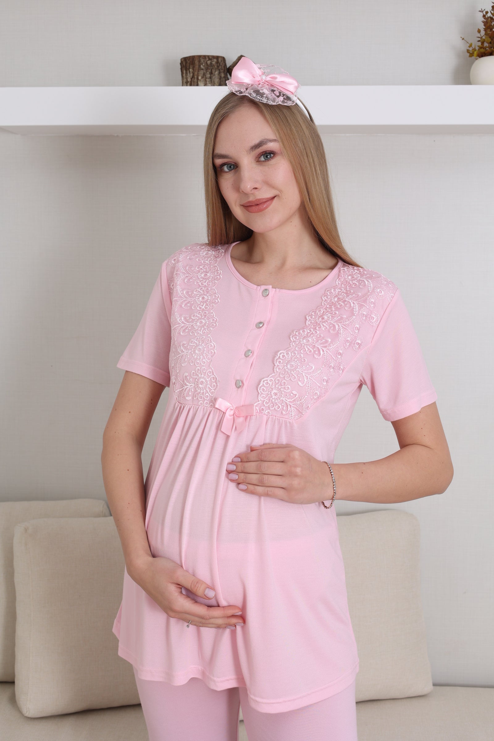 Kısa Kol Bisiklet Yaka Hamile & Lohusa Pijama Takımı / 3 Parça Pijama ve Sabahlıklı Hamile Giyim - 3434