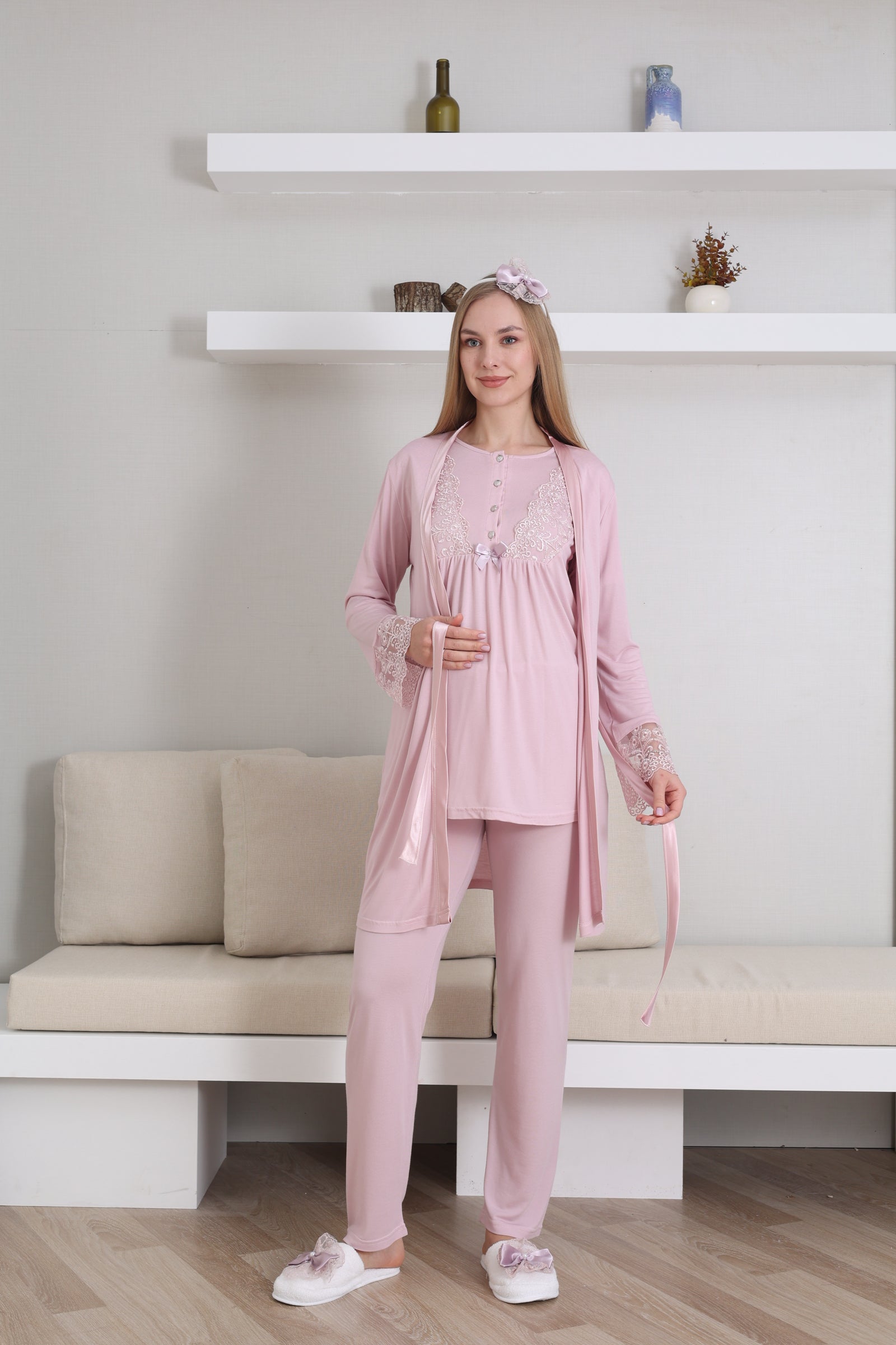 Kısa Kol Bisiklet Yaka Hamile & Lohusa Pijama Takımı / 3 Parça Pijama ve Sabahlıklı Hamile Giyim - 3434
