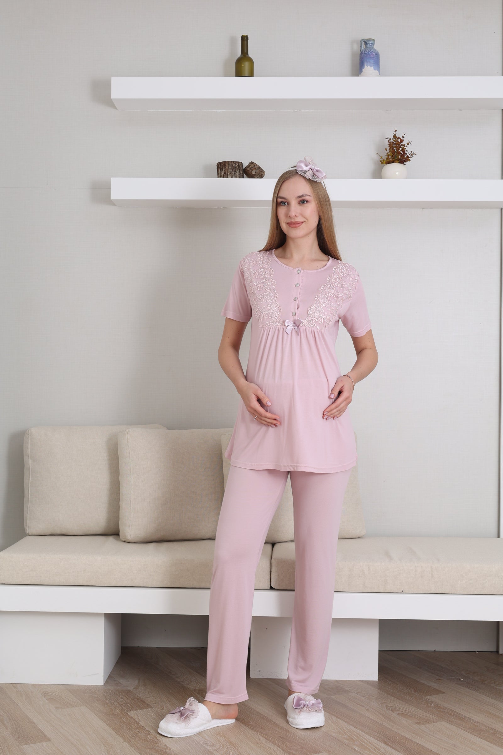 Kısa Kol Bisiklet Yaka Hamile & Lohusa Pijama Takımı / 3 Parça Pijama ve Sabahlıklı Hamile Giyim - 3434