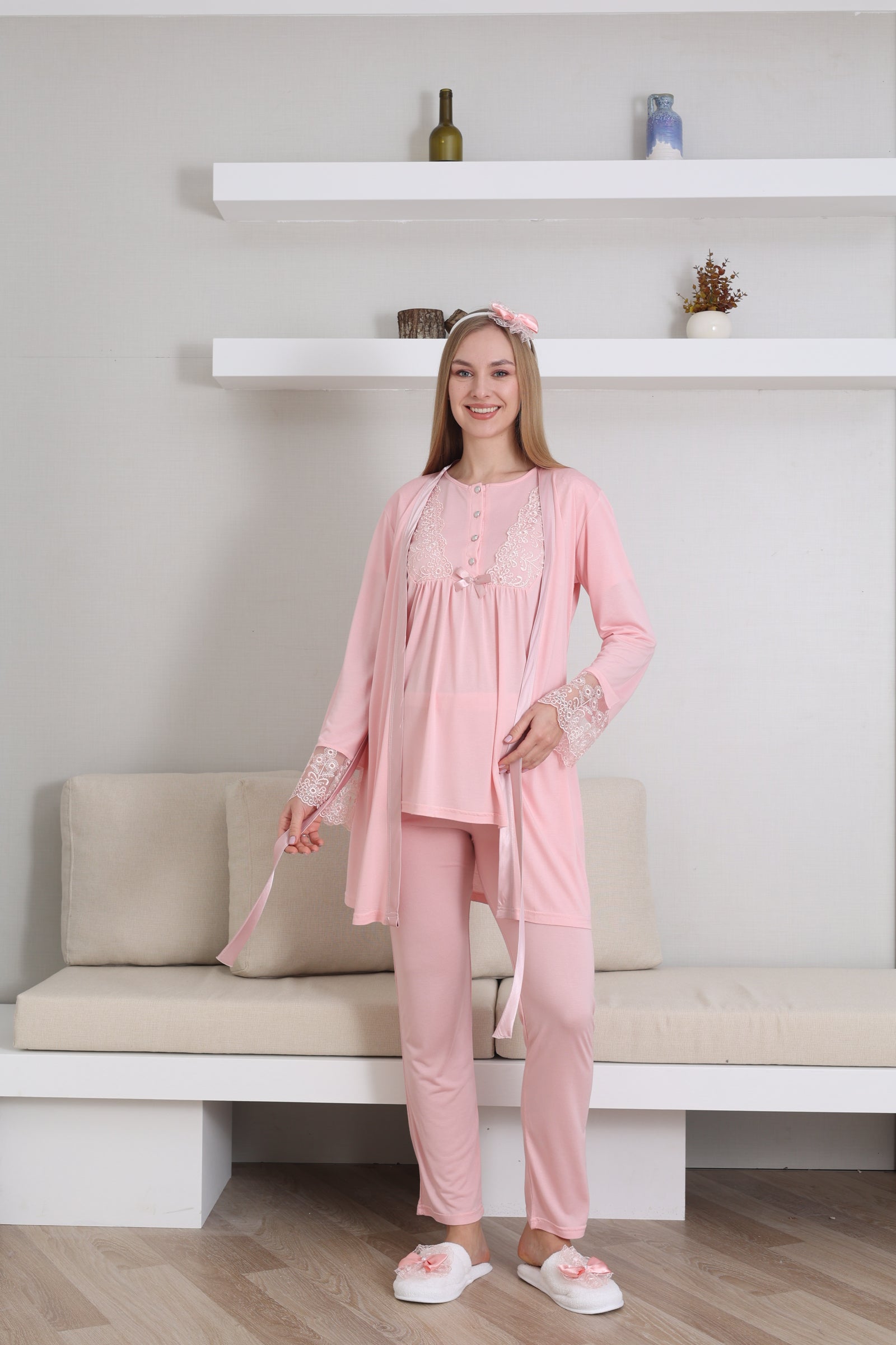Kısa Kol Bisiklet Yaka Hamile & Lohusa Pijama Takımı / 3 Parça Pijama ve Sabahlıklı Hamile Giyim - 3434
