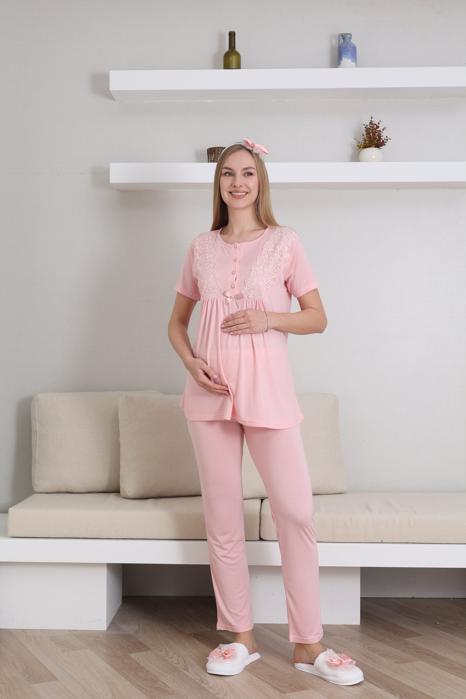 Kısa Kol Bisiklet Yaka Hamile & Lohusa Pijama Takımı / 3 Parça Pijama ve Sabahlıklı Hamile Giyim - 3434