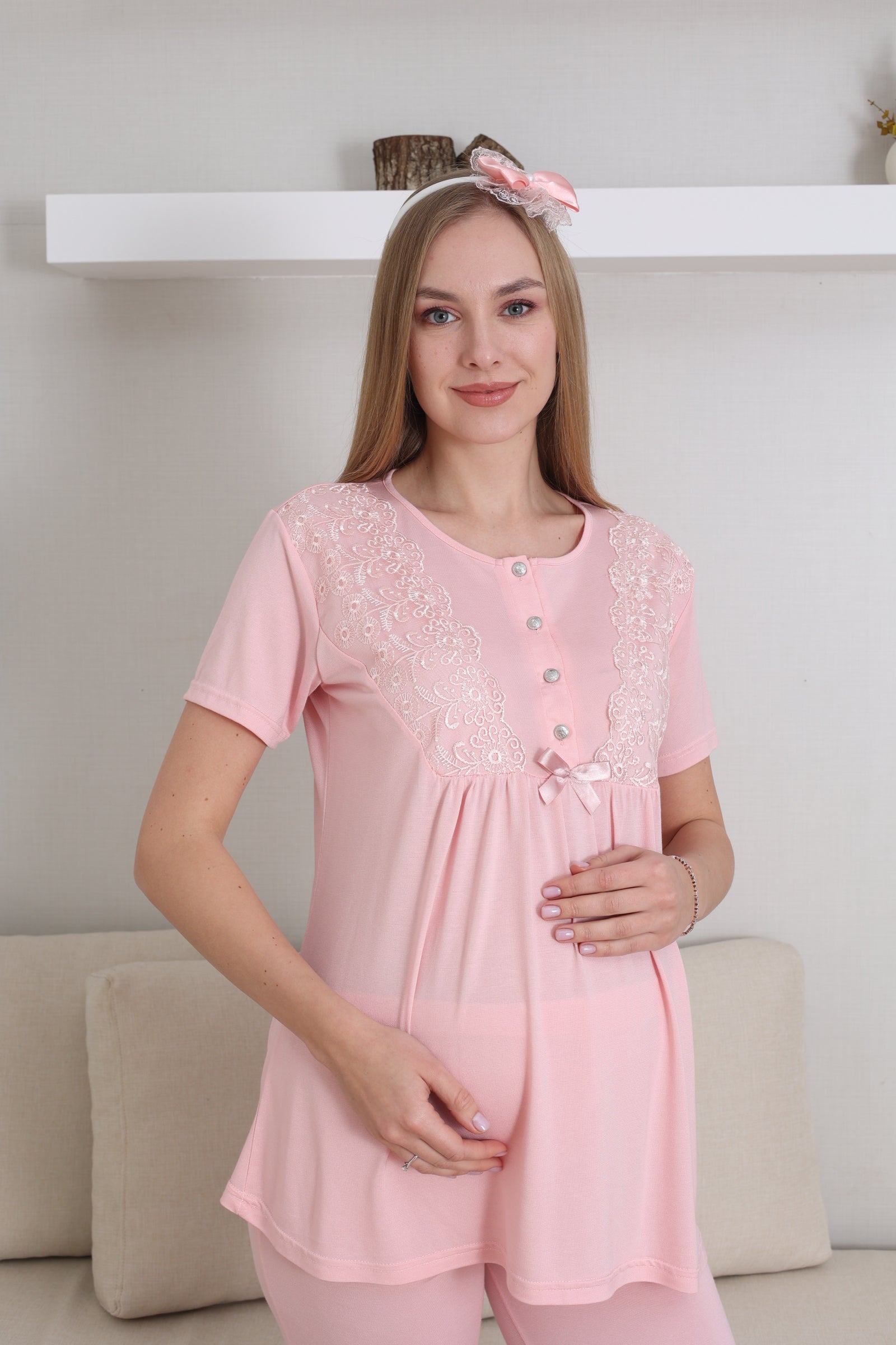 Kısa Kol Bisiklet Yaka Hamile & Lohusa Pijama Takımı / 3 Parça Pijama ve Sabahlıklı Hamile Giyim - 3434
