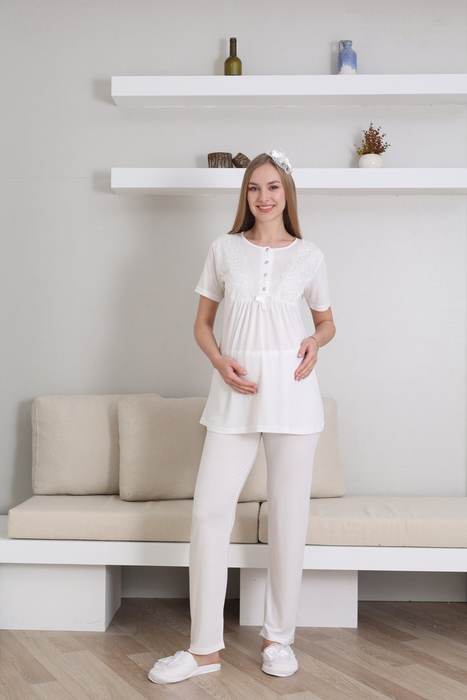 Kısa Kol Bisiklet Yaka Hamile & Lohusa Pijama Takımı / 3 Parça Pijama ve Sabahlıklı Hamile Giyim - 3434