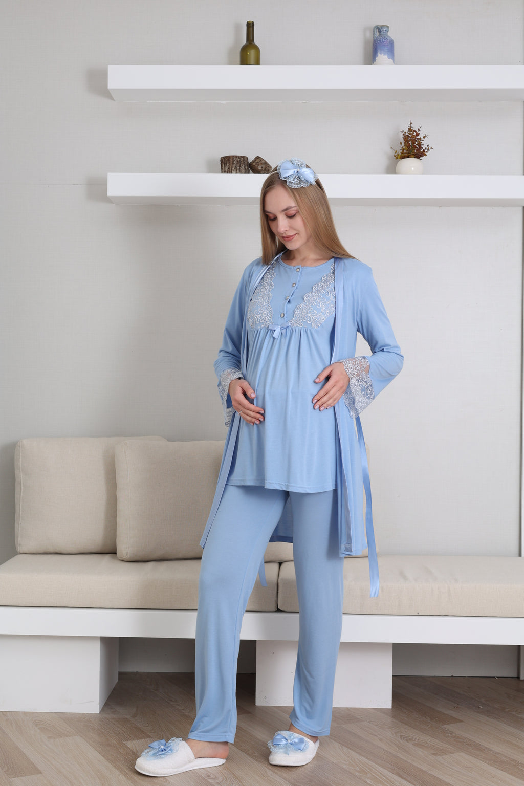 Kısa Kol Bisiklet Yaka Hamile & Lohusa Pijama Takımı / 3 Parça Pijama ve Sabahlıklı Hamile Giyim - 3434