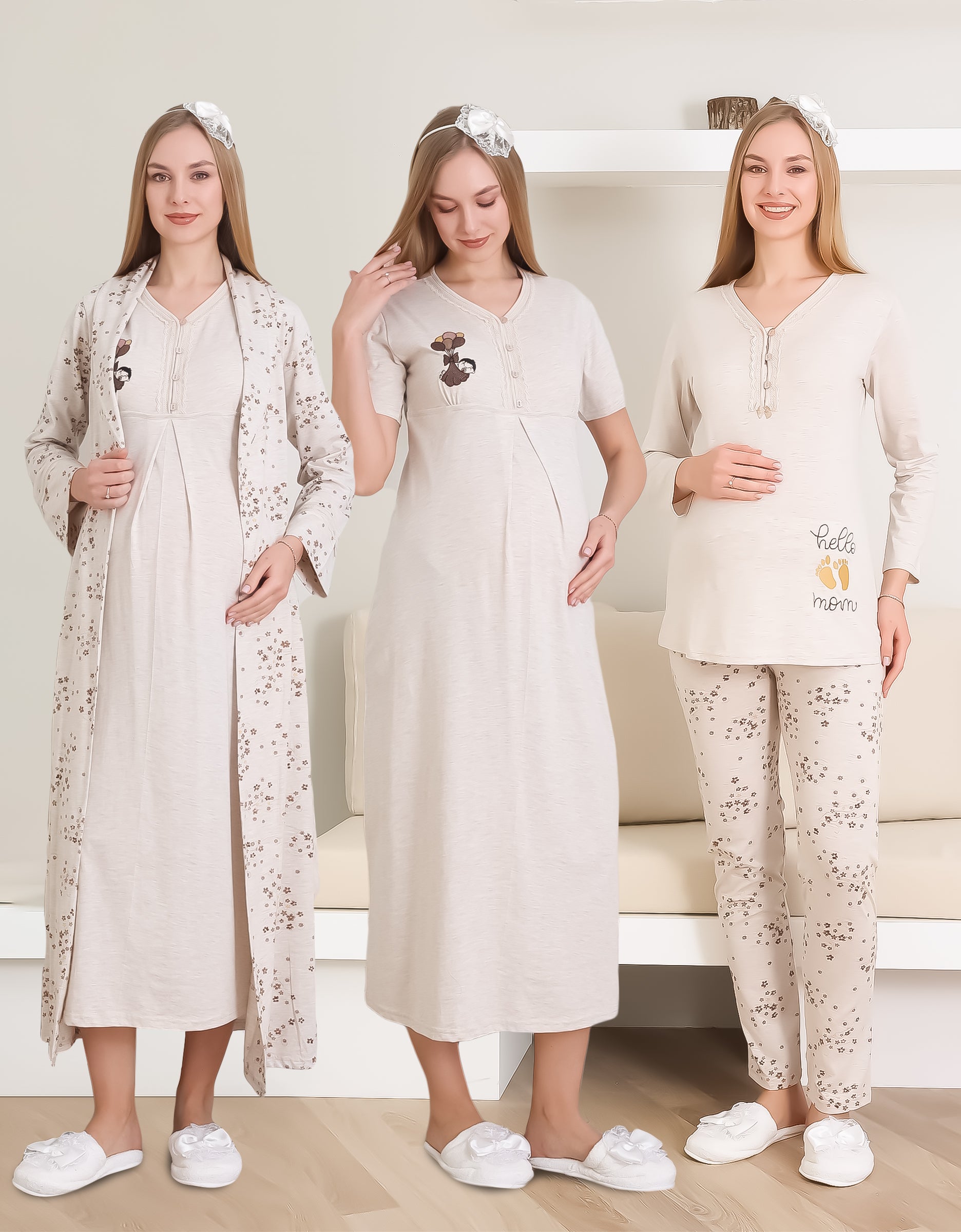 Hamile Gecelik, Pijama ve Sabahlıklı Takım 4'lü Set / Nakışlı Ve Düğmeli Yaka / Pamuklu Penye Kumaş 1172-2289