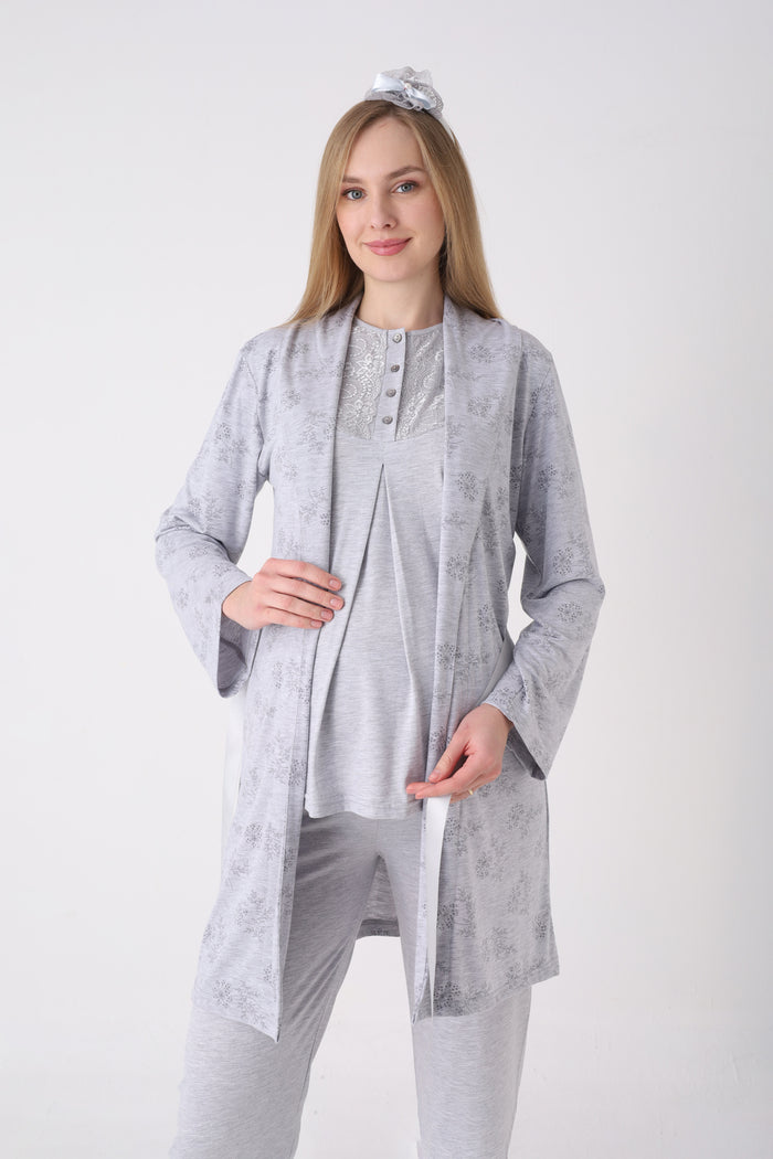 Lohusa Pijama Sabahlık 3'lü Takım Çiçek Desenli Dantel Göğüslü Düğmeli Emzirme Pamuk Penye Set - 3471