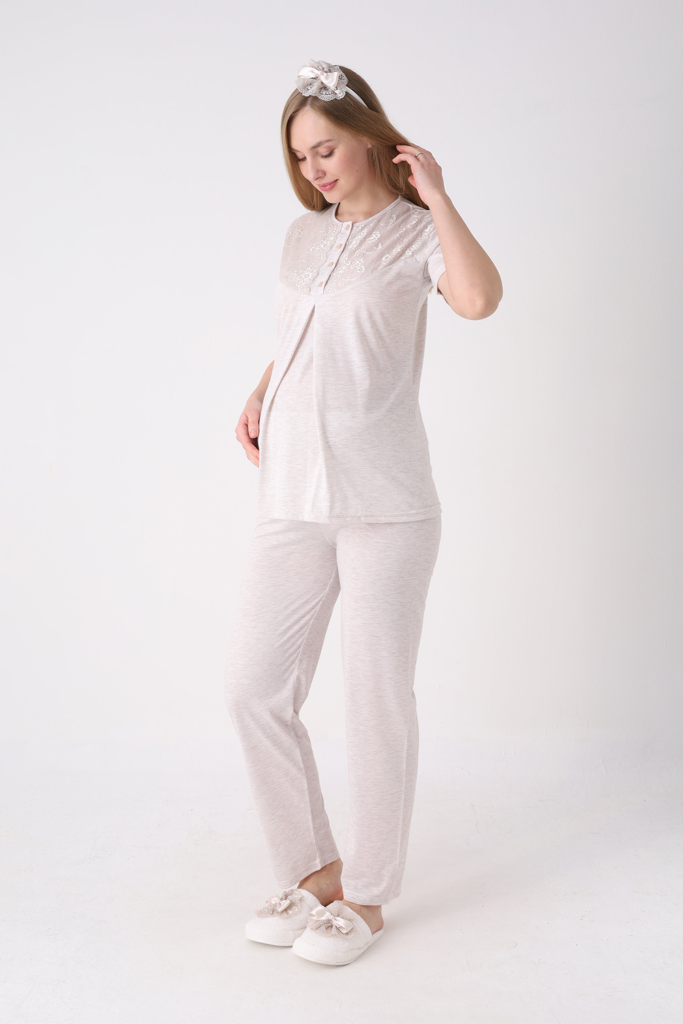 Lohusa Pijama Sabahlık 3'lü Takım Çiçek Desenli Dantel Göğüslü Düğmeli Emzirme Pamuk Penye Set - 3471 9