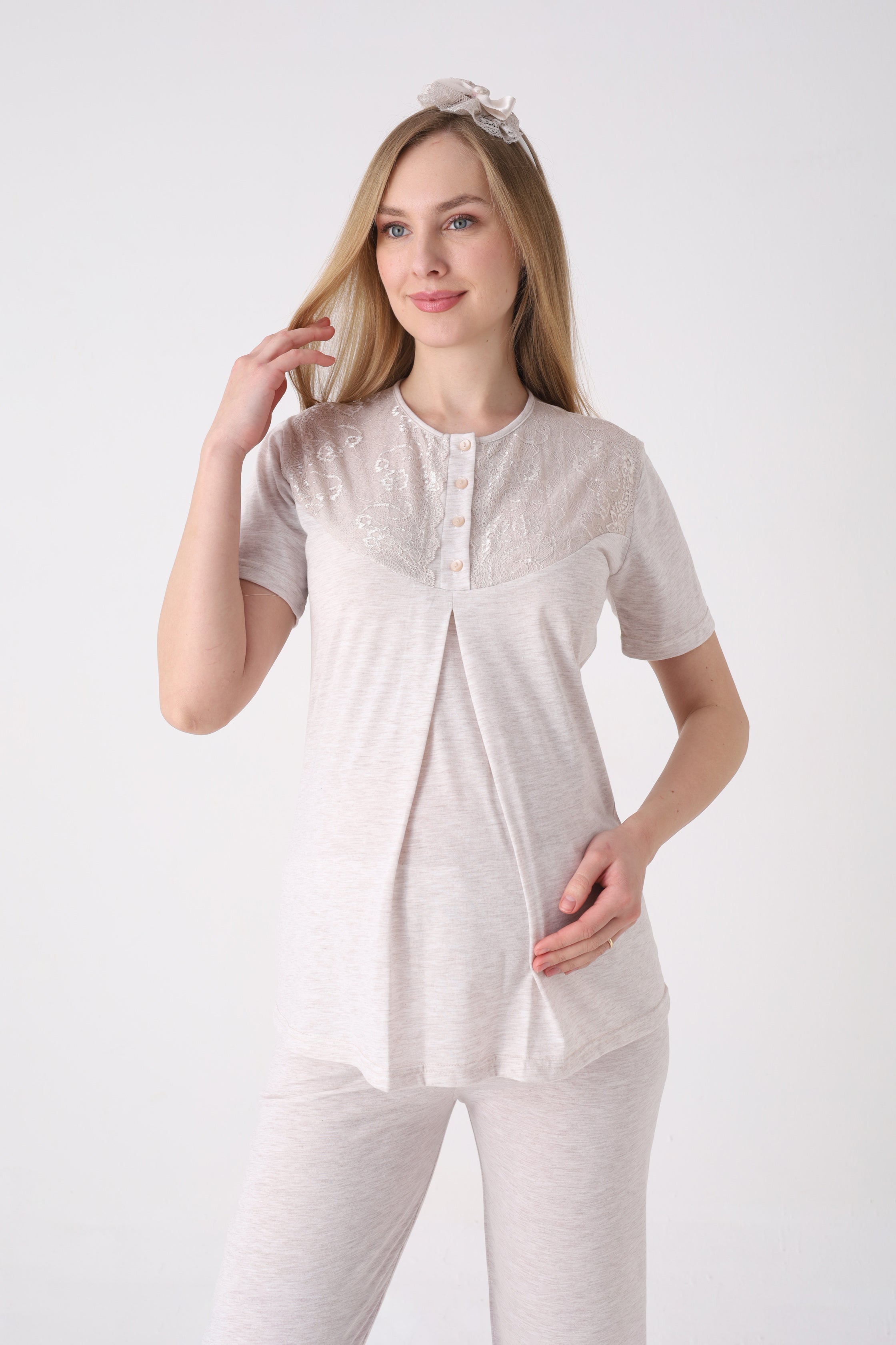 Lohusa Pijama Sabahlık 3'lü Takım Çiçek Desenli Dantel Göğüslü Düğmeli Emzirme Pamuk Penye Set - 3471 10