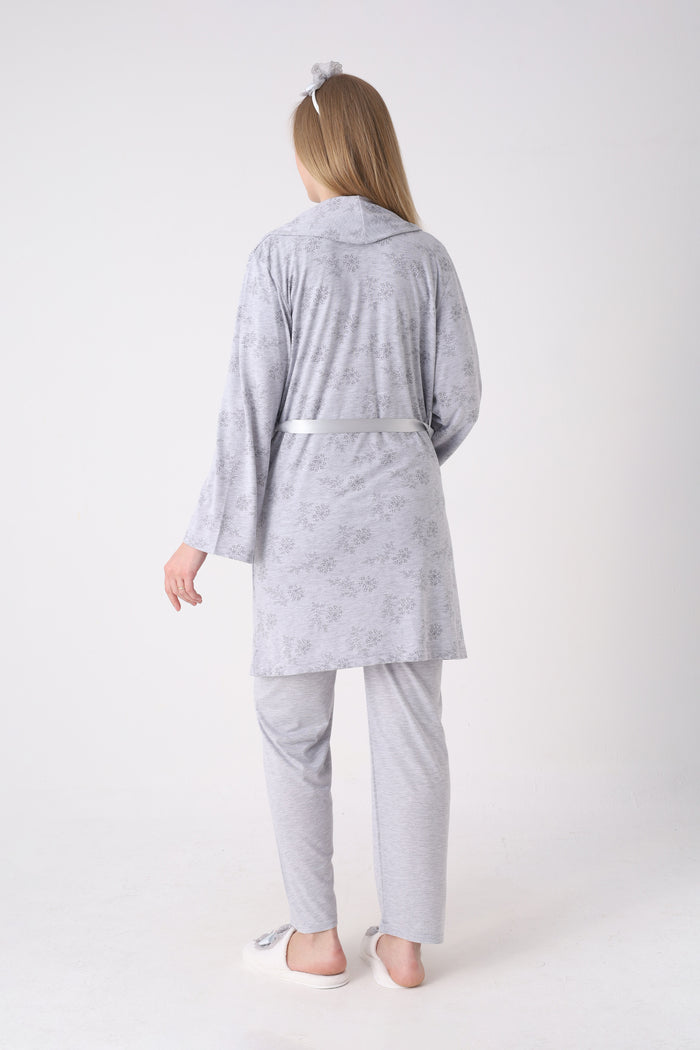 Lohusa Pijama Sabahlık 3'lü Takım Çiçek Desenli Dantel Göğüslü Düğmeli Emzirme Pamuk Penye Set - 3471