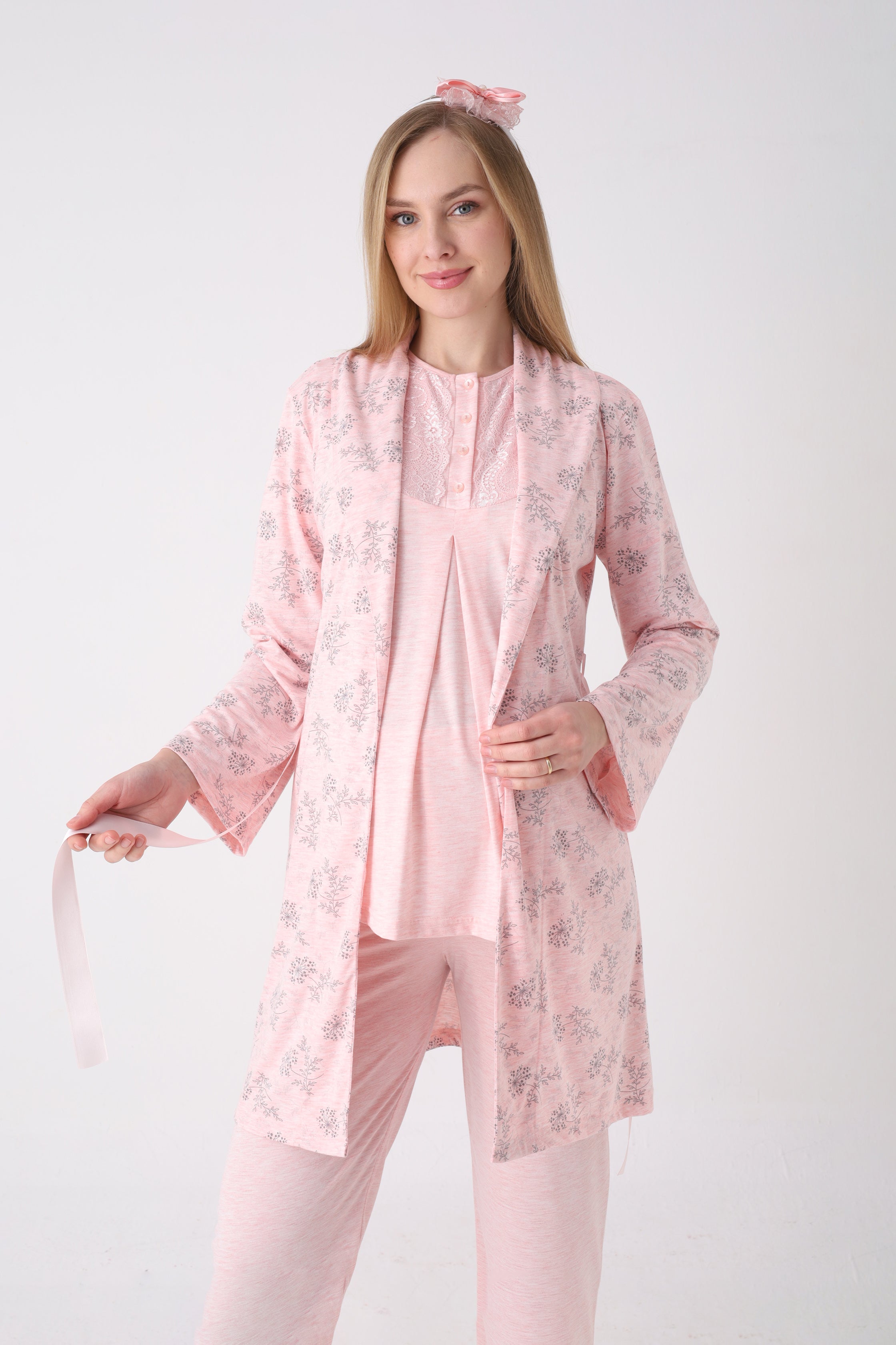 Lohusa Pijama Sabahlık 3'lü Takım Çiçek Desenli Dantel Göğüslü Düğmeli Emzirme Pamuk Penye Set - 3471 14