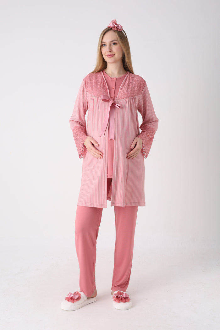 Fitilli Dokulu Kolları Geniş Güpürlü 3'lü Lohusa Pijama Takımı - 3472