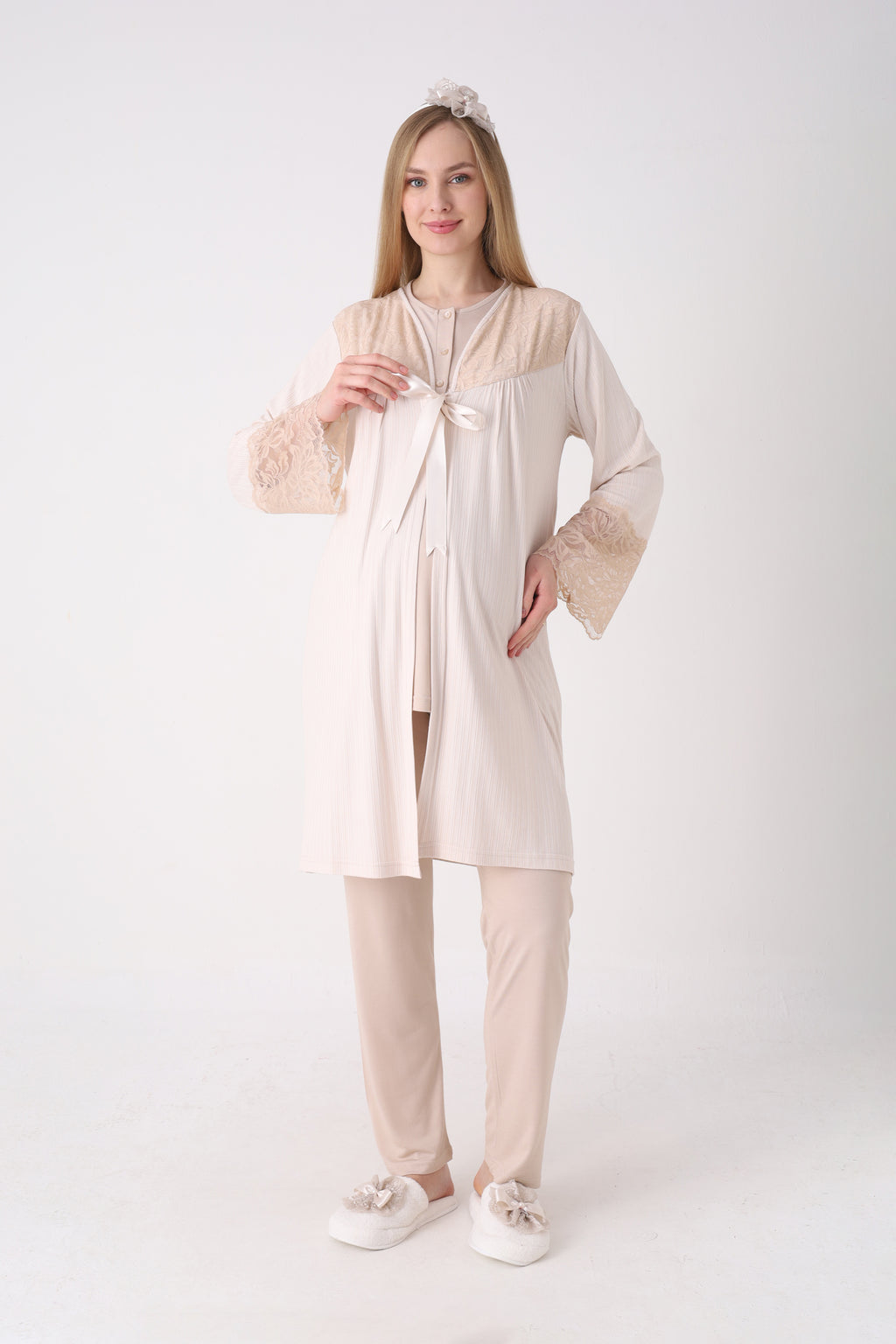 Fitilli Dokulu Kolları Geniş Güpürlü 3'lü Lohusa Pijama Takımı - 3472