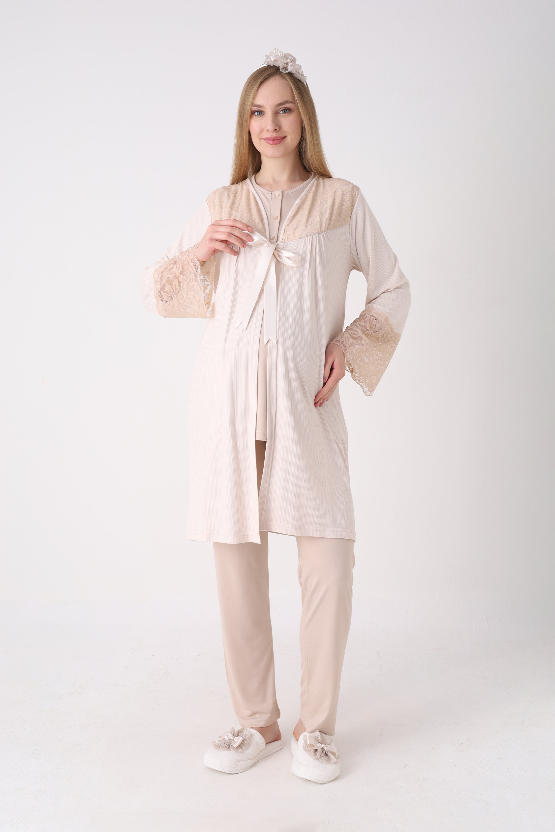 Fitilli Dokulu Kolları Geniş Güpürlü 3'lü Lohusa Pijama Takımı - 3472 7