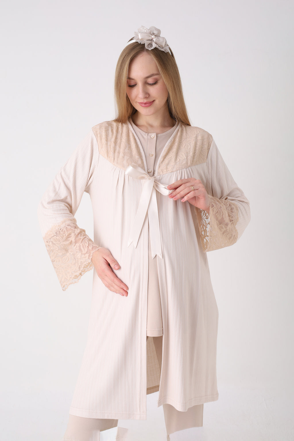 Fitilli Dokulu Kolları Geniş Güpürlü 3'lü Lohusa Pijama Takımı - 3472