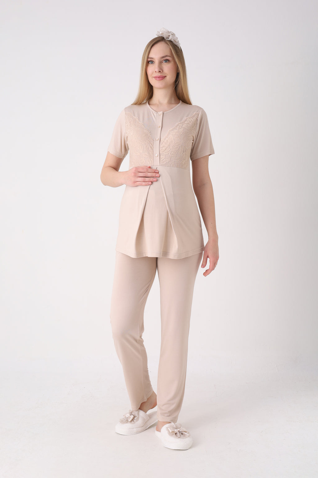 Fitilli Dokulu Kolları Geniş Güpürlü 3'lü Lohusa Pijama Takımı - 3472