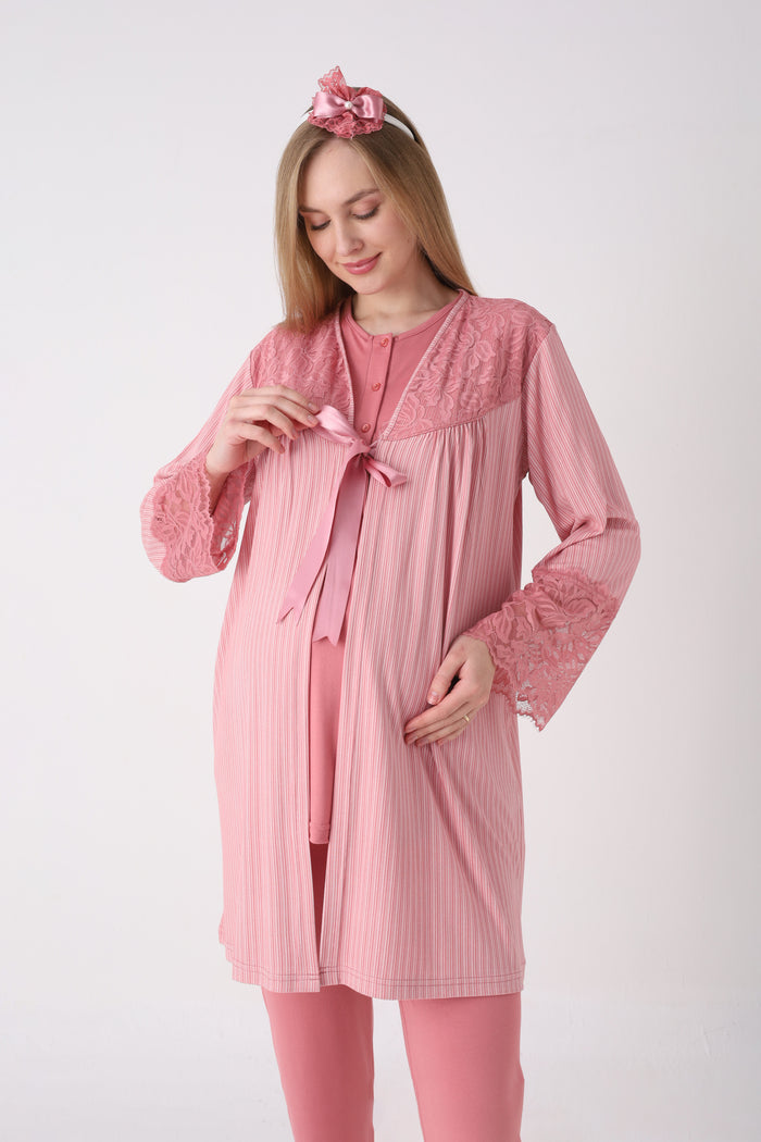 Fitilli Dokulu Kolları Geniş Güpürlü 3'lü Lohusa Pijama Takımı - 3472