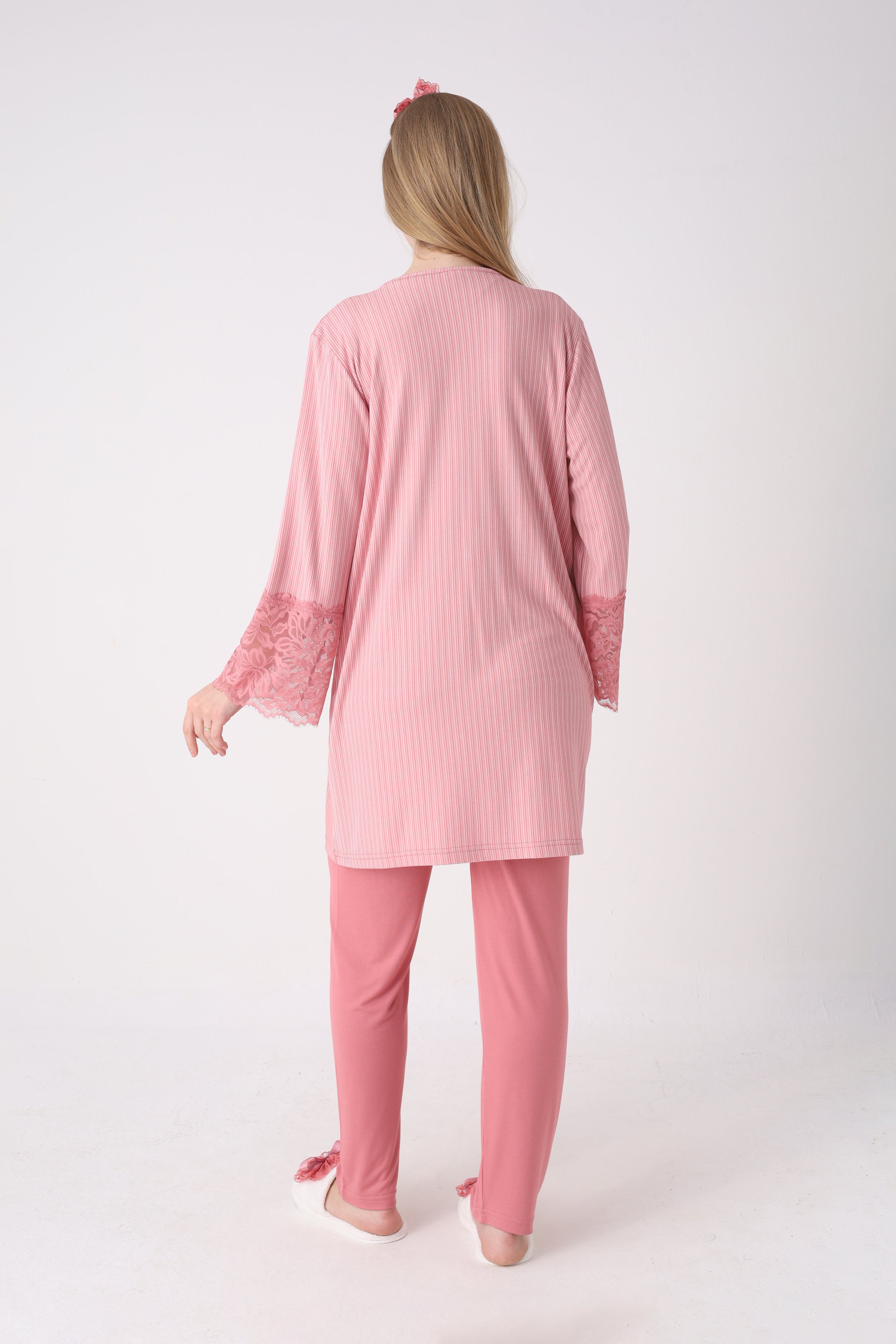 Fitilli Dokulu Kolları Geniş Güpürlü 3'lü Lohusa Pijama Takımı - 3472 3
