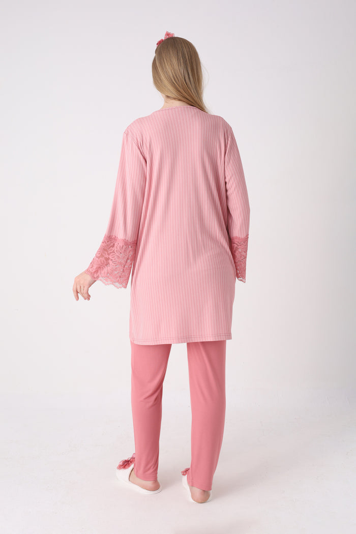Fitilli Dokulu Kolları Geniş Güpürlü 3'lü Lohusa Pijama Takımı - 3472