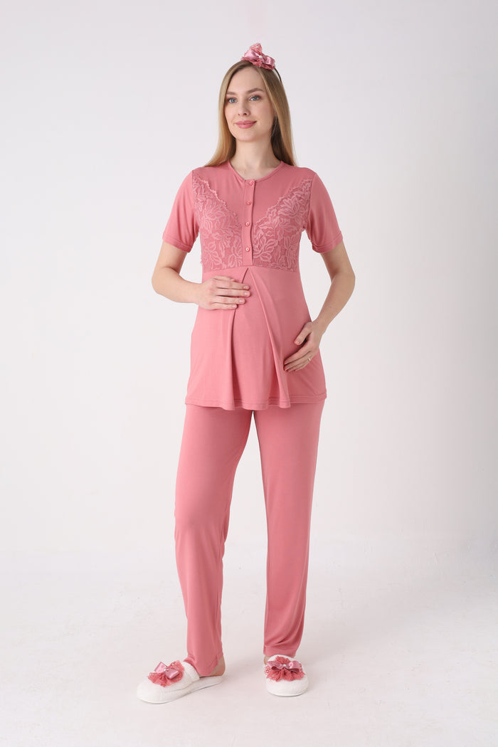 Fitilli Dokulu Kolları Geniş Güpürlü 3'lü Lohusa Pijama Takımı - 3472