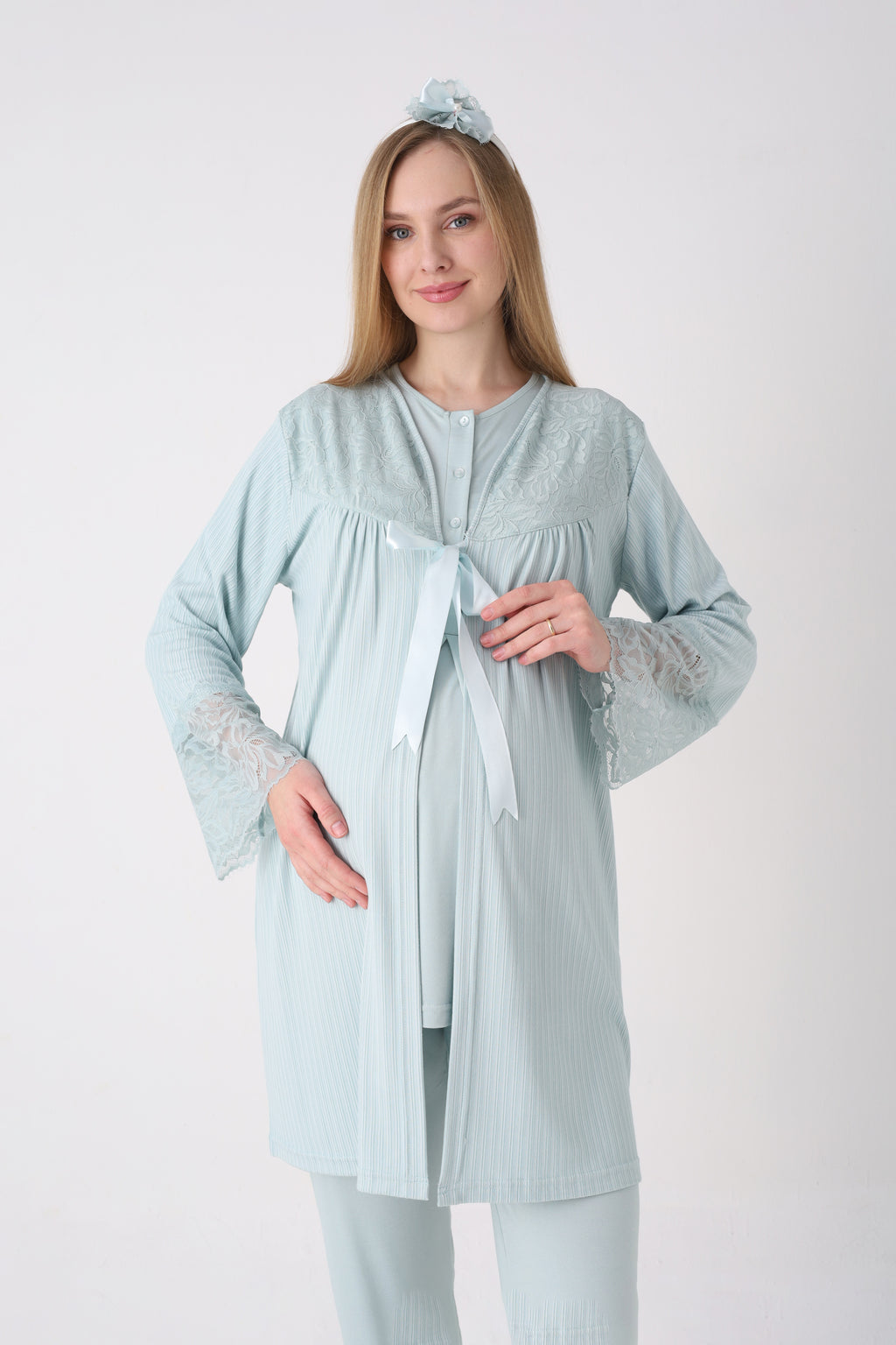 Fitilli Dokulu Kolları Geniş Güpürlü 3'lü Lohusa Pijama Takımı - 3472