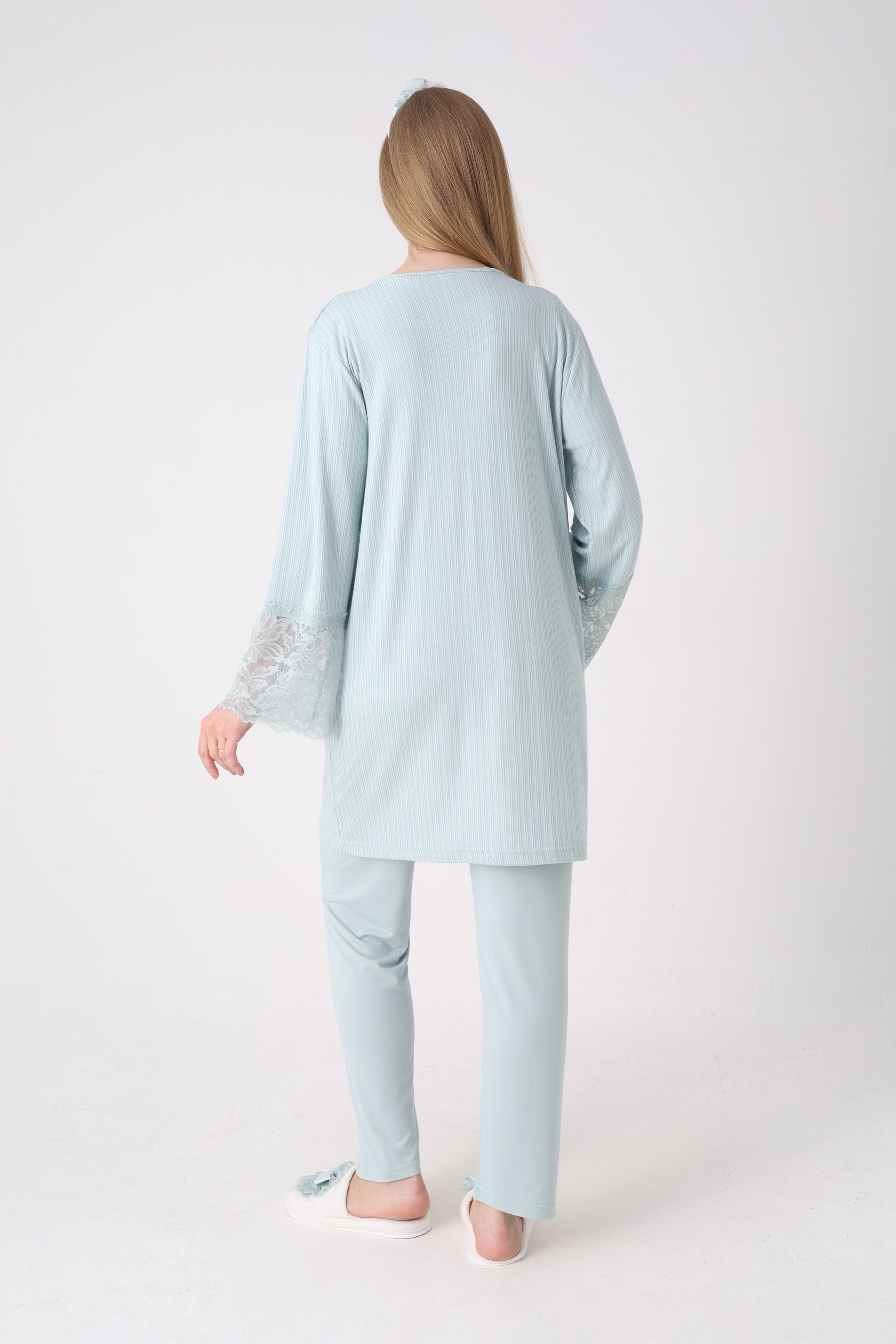 Fitilli Dokulu Kolları Geniş Güpürlü 3'lü Lohusa Pijama Takımı - 3472 14