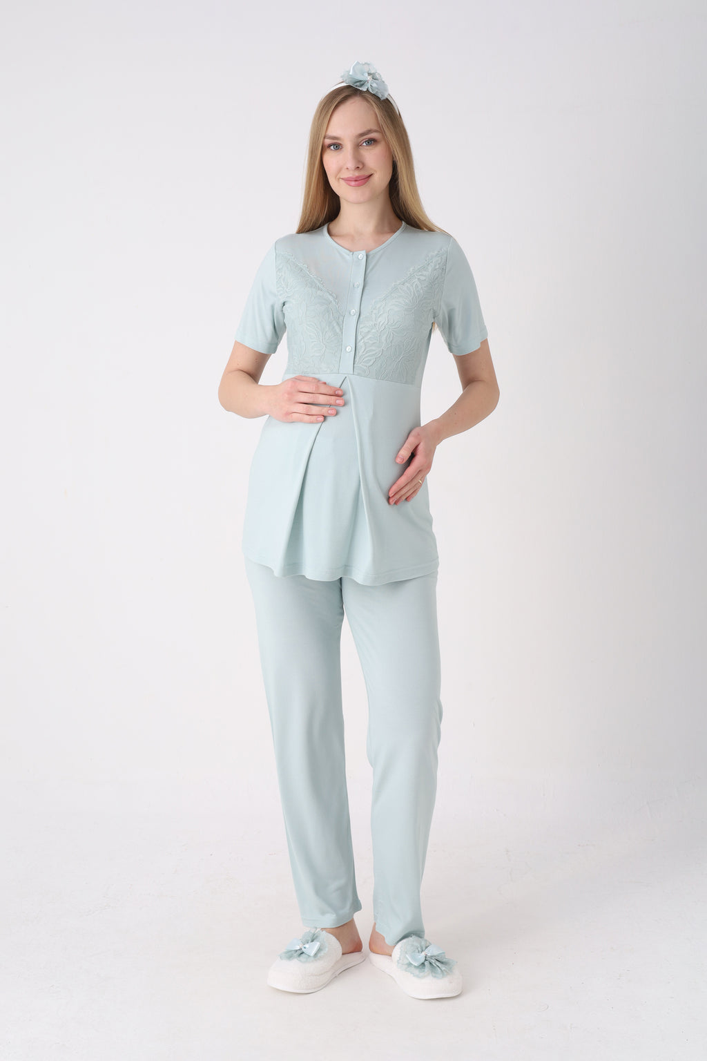 Fitilli Dokulu Kolları Geniş Güpürlü 3'lü Lohusa Pijama Takımı - 3472