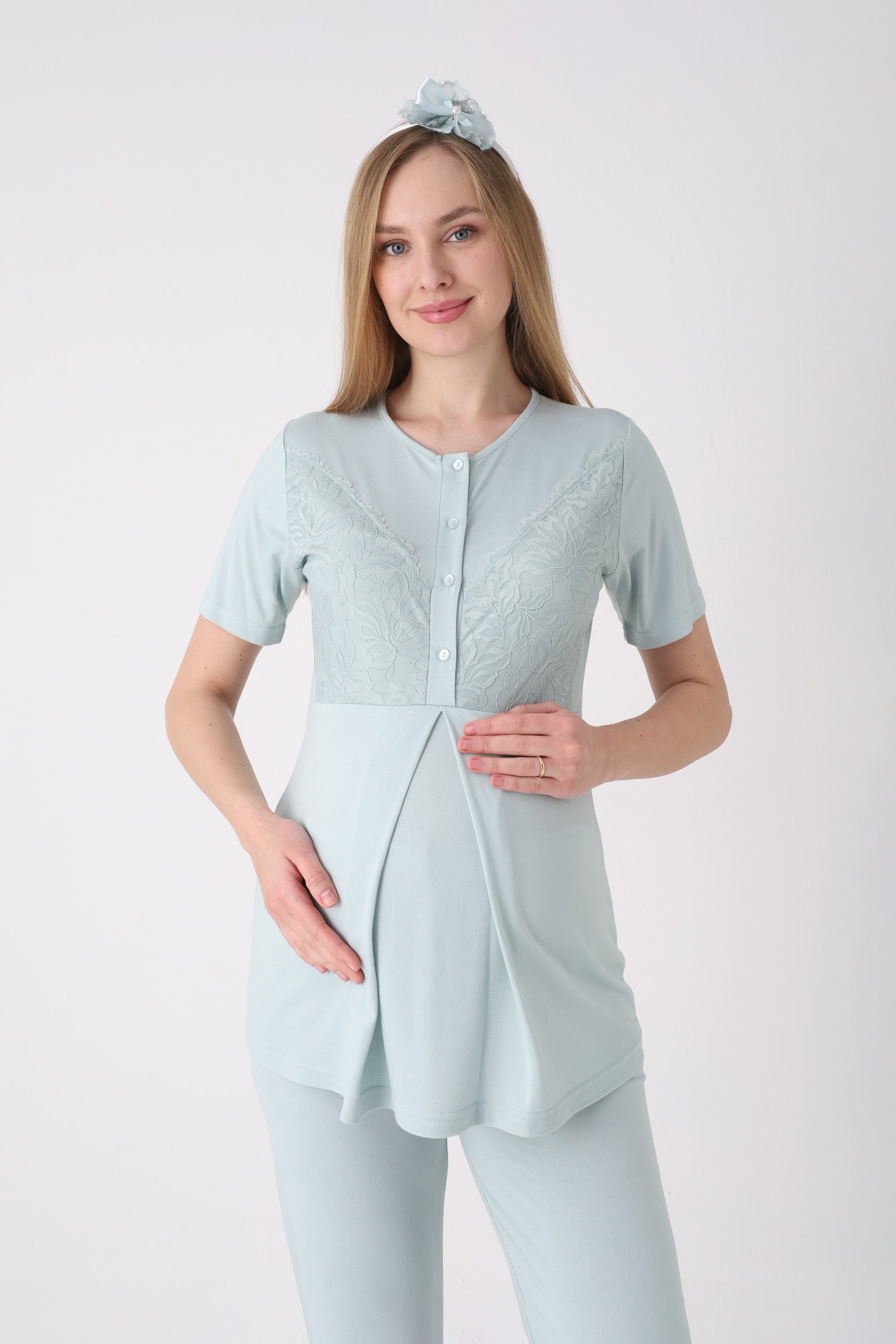Fitilli Dokulu Kolları Geniş Güpürlü 3'lü Lohusa Pijama Takımı - 3472 17