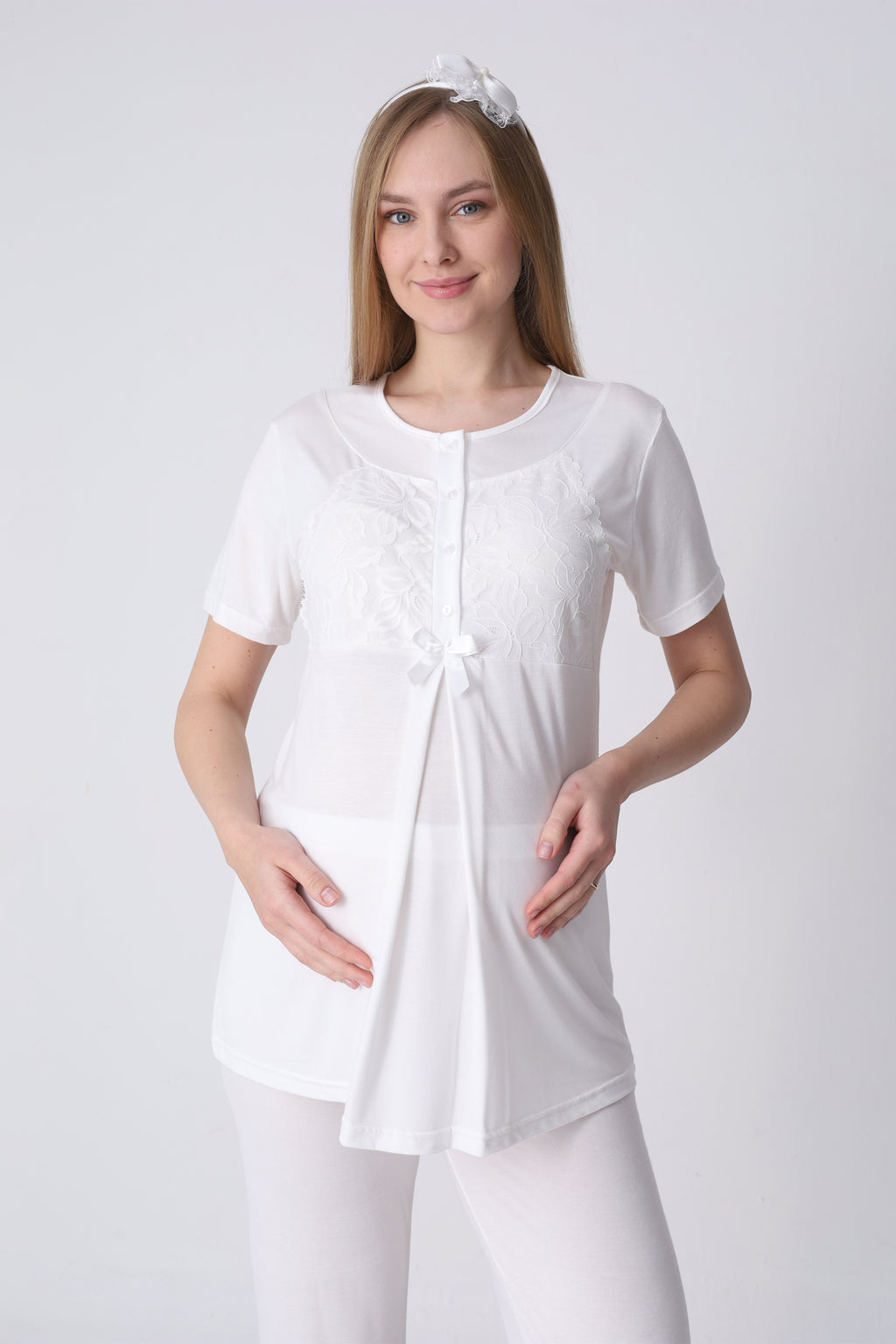 Gül Desenli Sabahlık ve Dantelli 3’lü Emzirme Pijama Seti - 3465