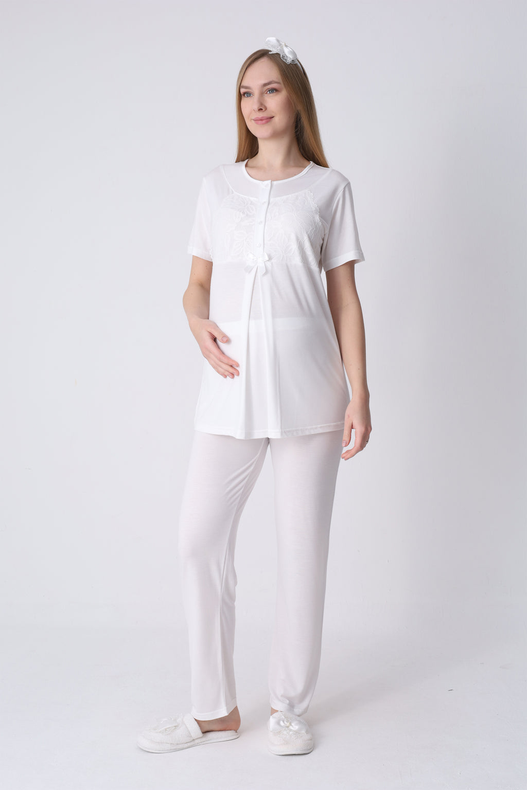 Gül Desenli Sabahlık ve Dantelli 3’lü Emzirme Pijama Seti - 3465