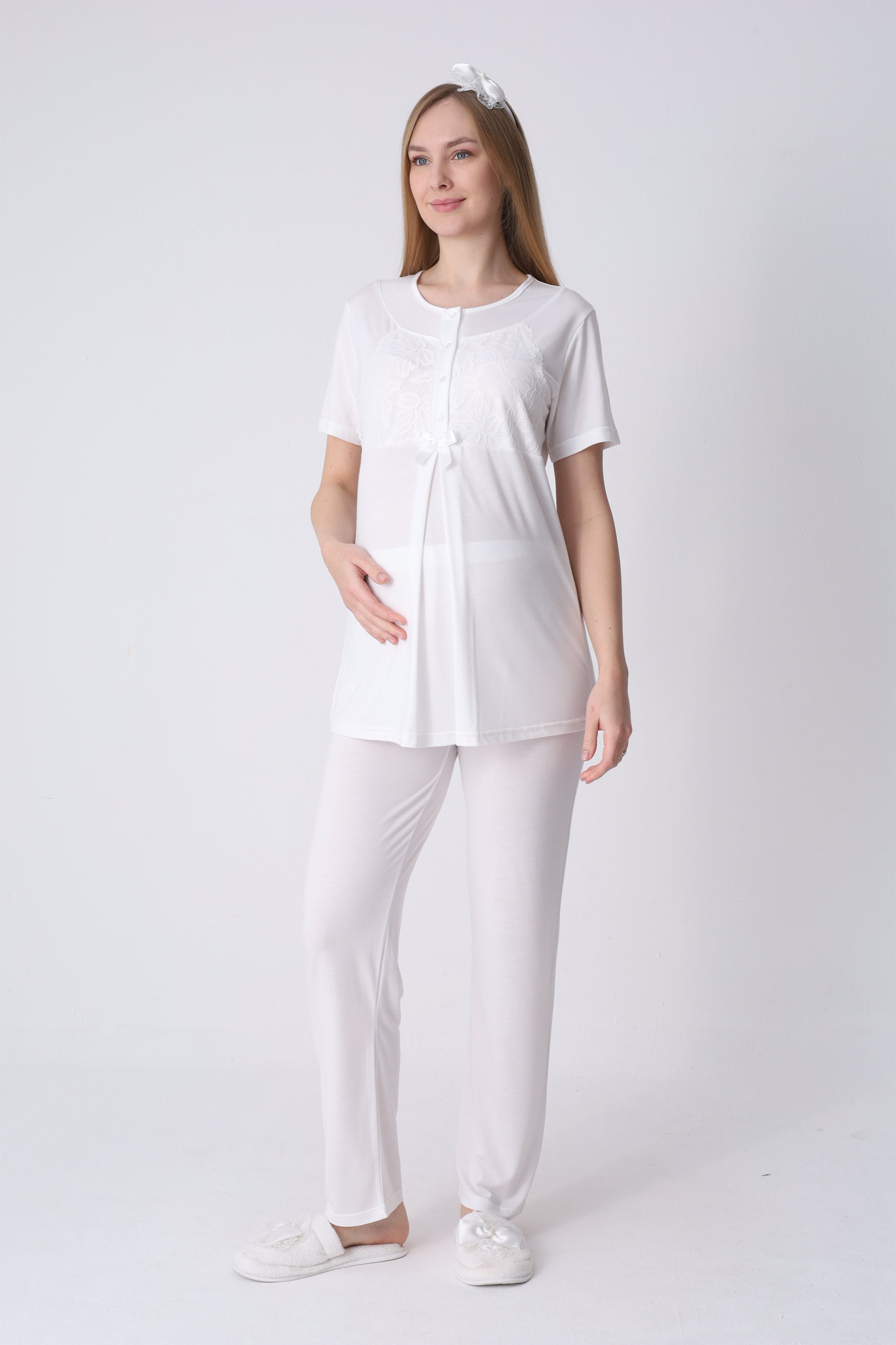 Gül Desenli Sabahlık ve Dantelli 3’lü Emzirme Pijama Seti - 3465 5