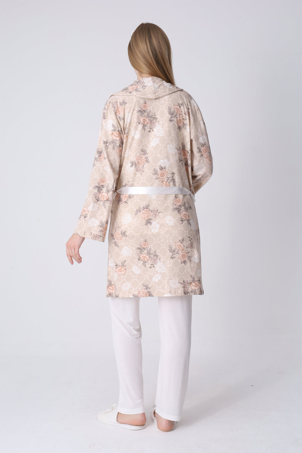 Gül Desenli Sabahlık ve Dantelli 3’lü Emzirme Pijama Seti - 3465