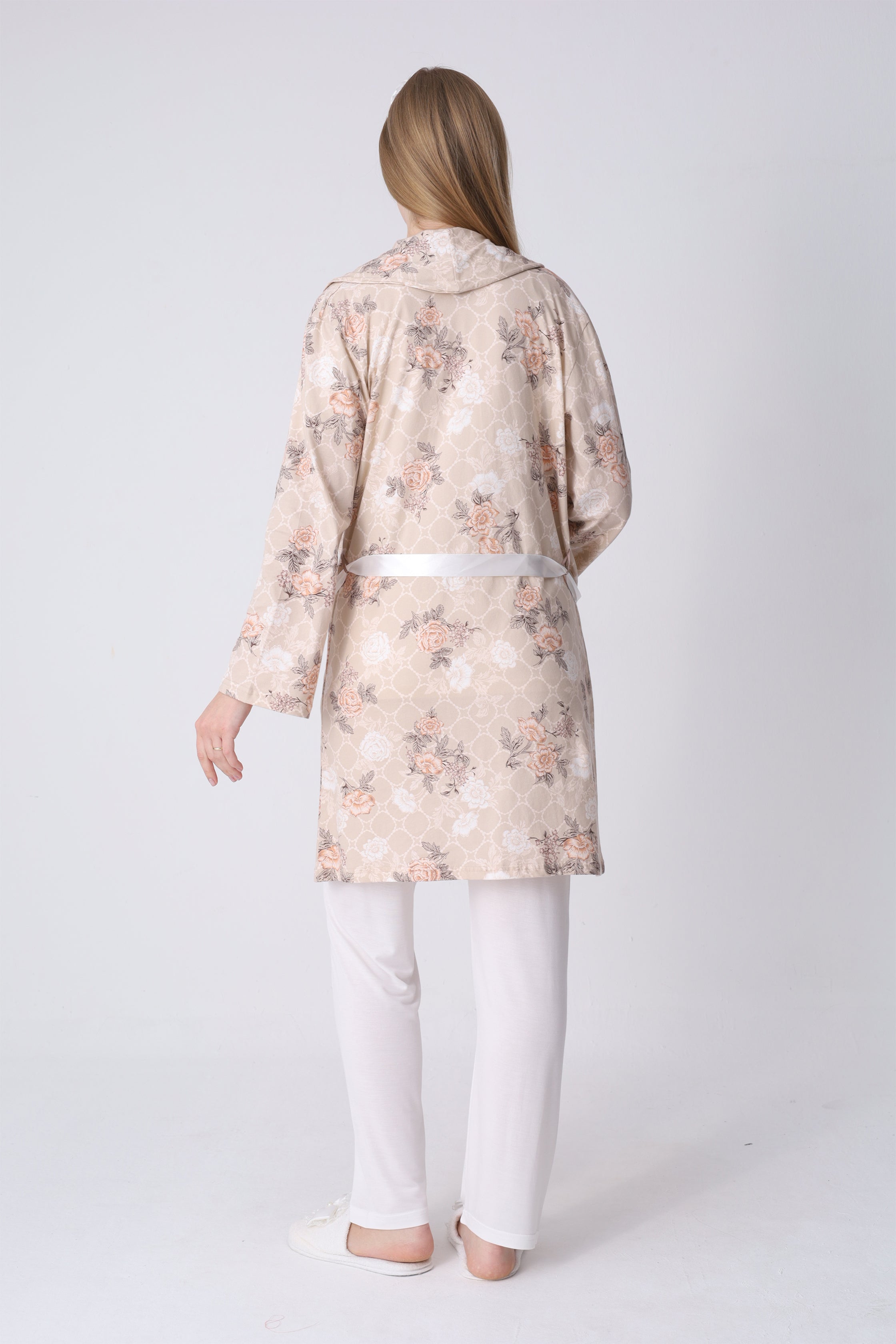 Gül Desenli Sabahlık ve Dantelli 3’lü Emzirme Pijama Seti - 3465 3