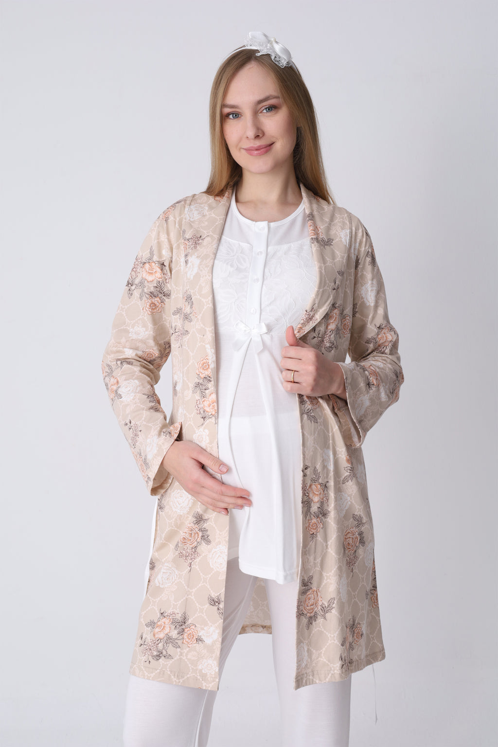 Gül Desenli Sabahlık ve Dantelli 3’lü Emzirme Pijama Seti - 3465