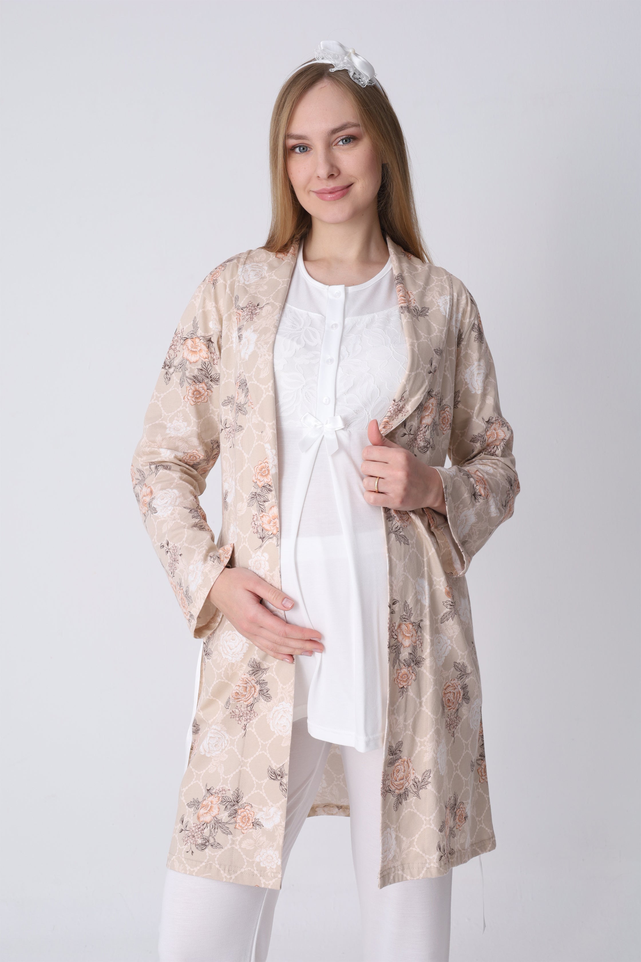 Gül Desenli Sabahlık ve Dantelli 3’lü Emzirme Pijama Seti - 3465 2
