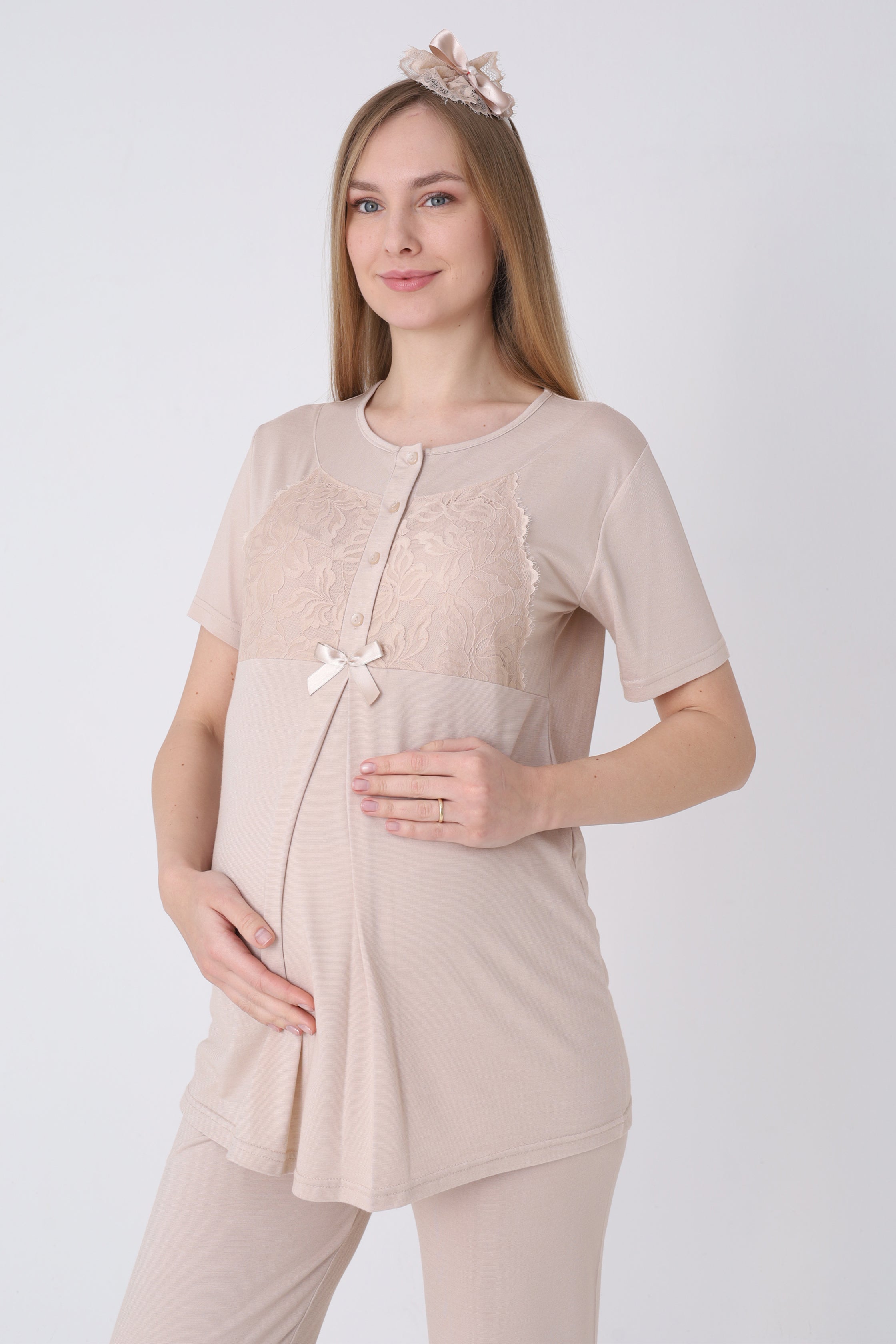 Gül Desenli Sabahlık ve Dantelli 3’lü Emzirme Pijama Seti - 3465 11