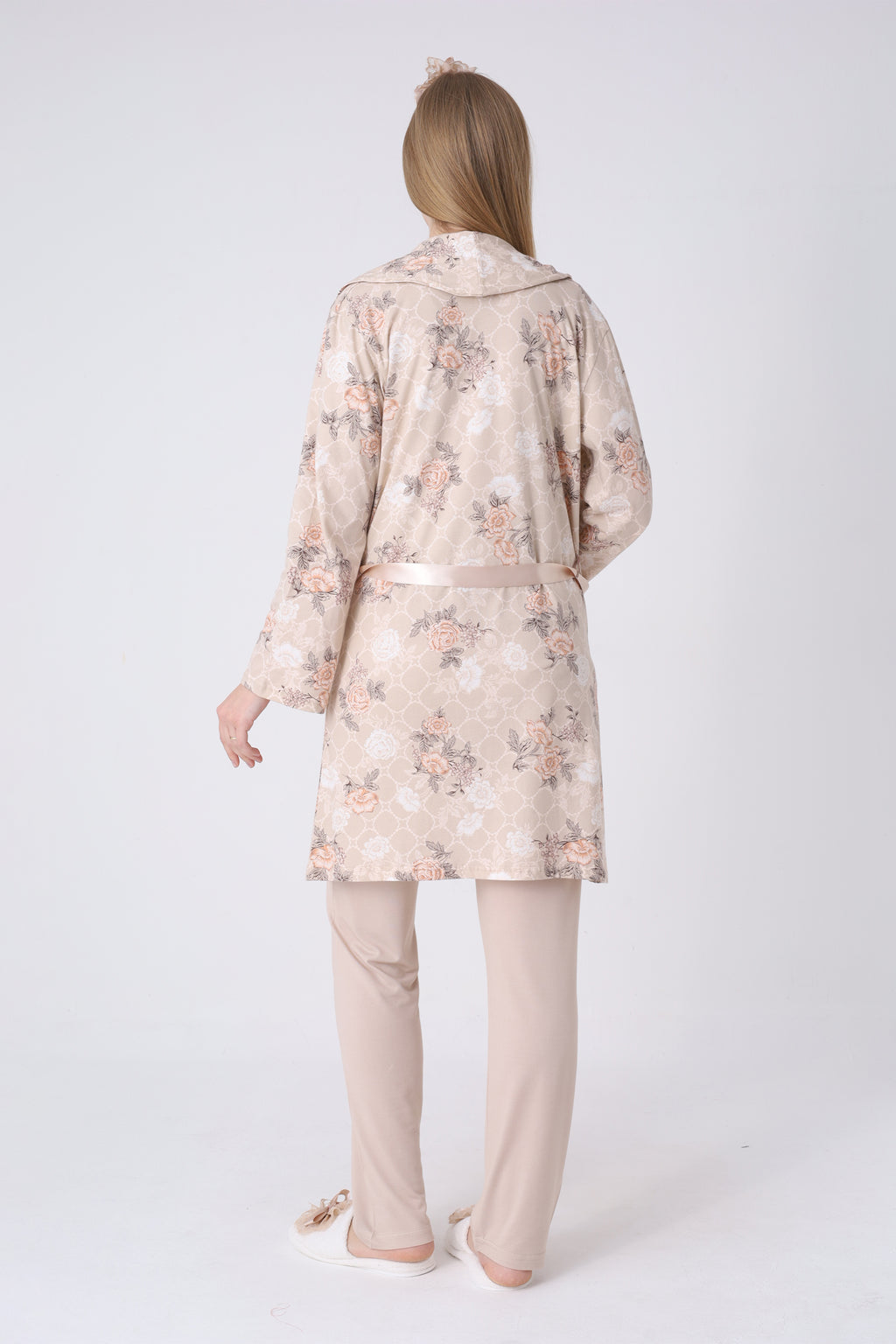 Gül Desenli Sabahlık ve Dantelli 3’lü Emzirme Pijama Seti - 3465