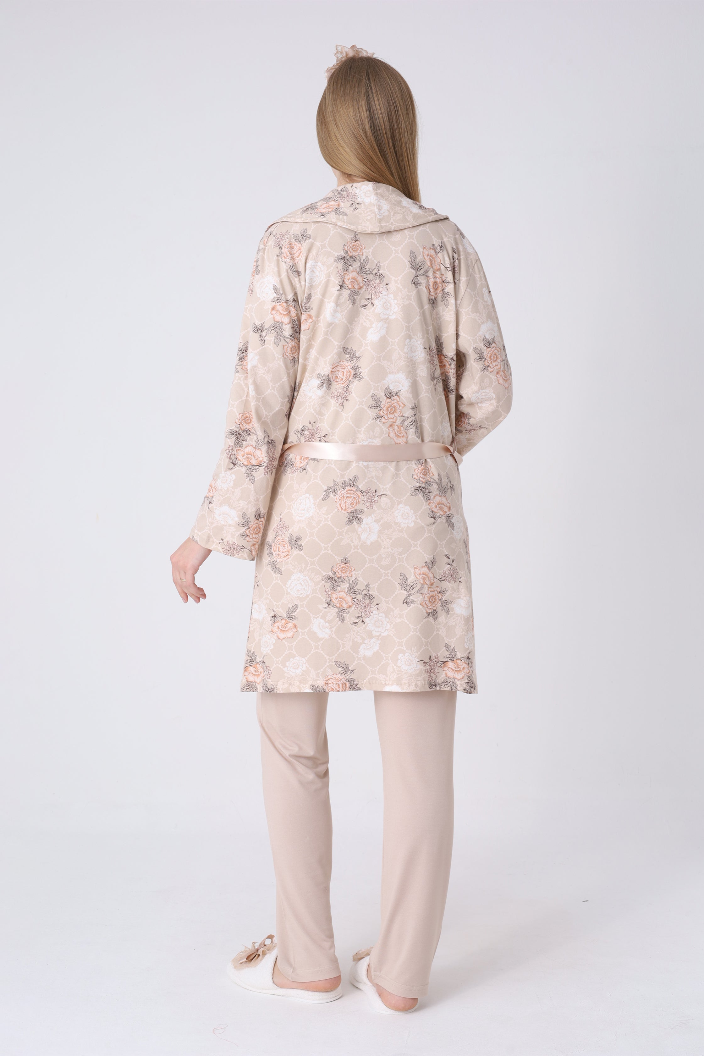 Gül Desenli Sabahlık ve Dantelli 3’lü Emzirme Pijama Seti - 3465 9